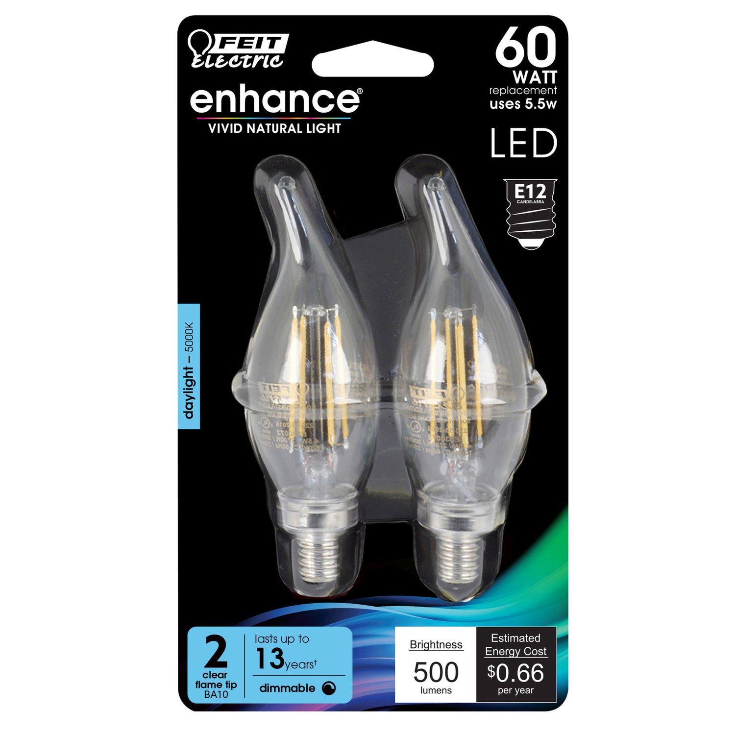 60W Replacement Clear Flame Tip Filament LED (2-Pack)