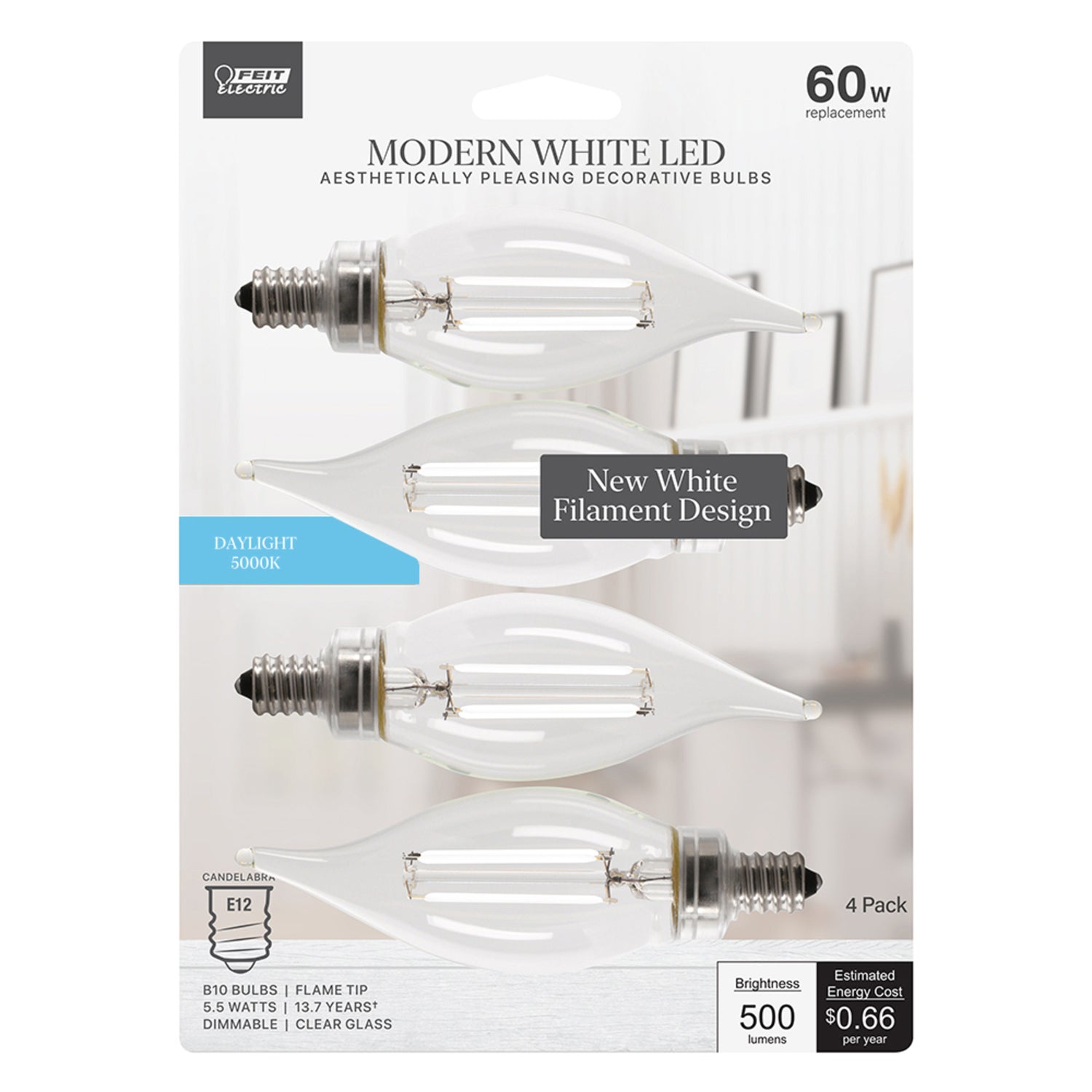 5.5W (60W Replacement) Daylight (5000K) B10 Candelabra (E12 Base) Dimmable Flame Tip Exposed White Filament Chandelier LED Bulb (4-Pack)