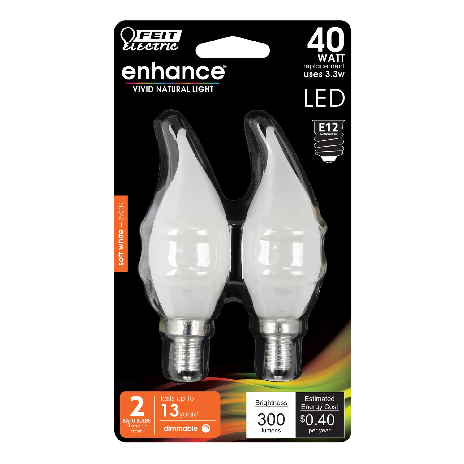 3.3W (40W Replacement) Soft White (2700K) Flame Tip Frost Filament LED Bulb (2-Pack)