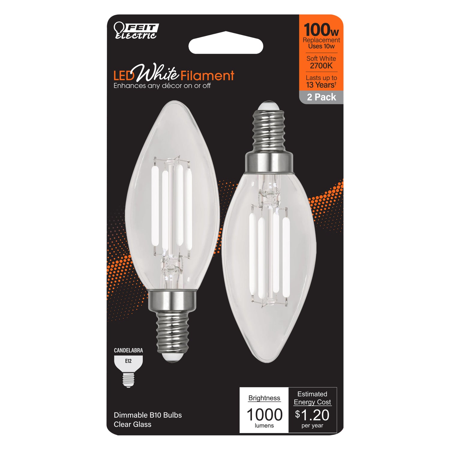 10W (100W Equivalent) Soft White (2700K) B10 Shape (E12 Base) Torpedo Tip Exposed White Filament Light Bulb (2-Pack)