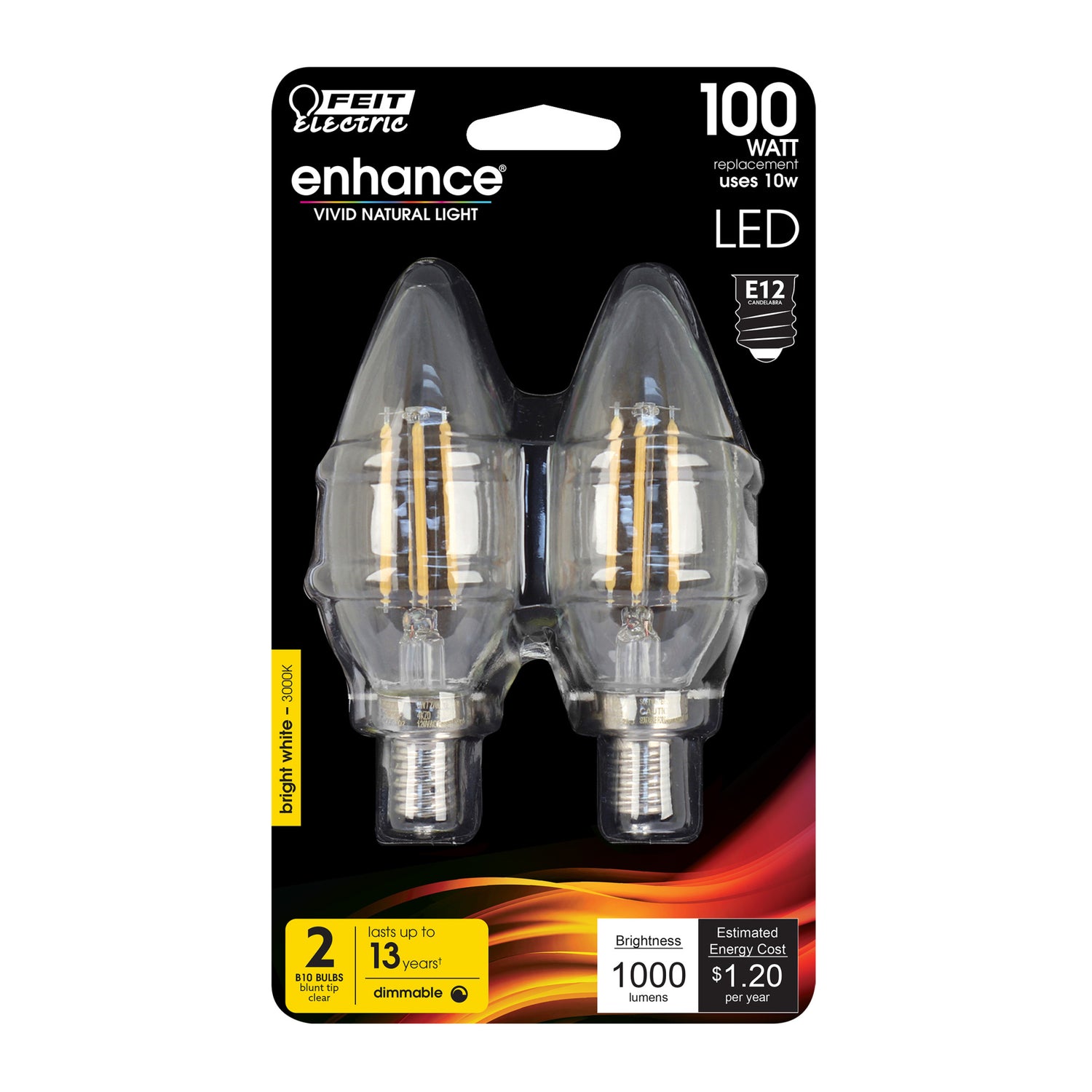 10W (100W Replacement) Bright White (3000K) E12 Base B10 Blunt Tip Dimmable Filament LED Bulb (2-Pack)