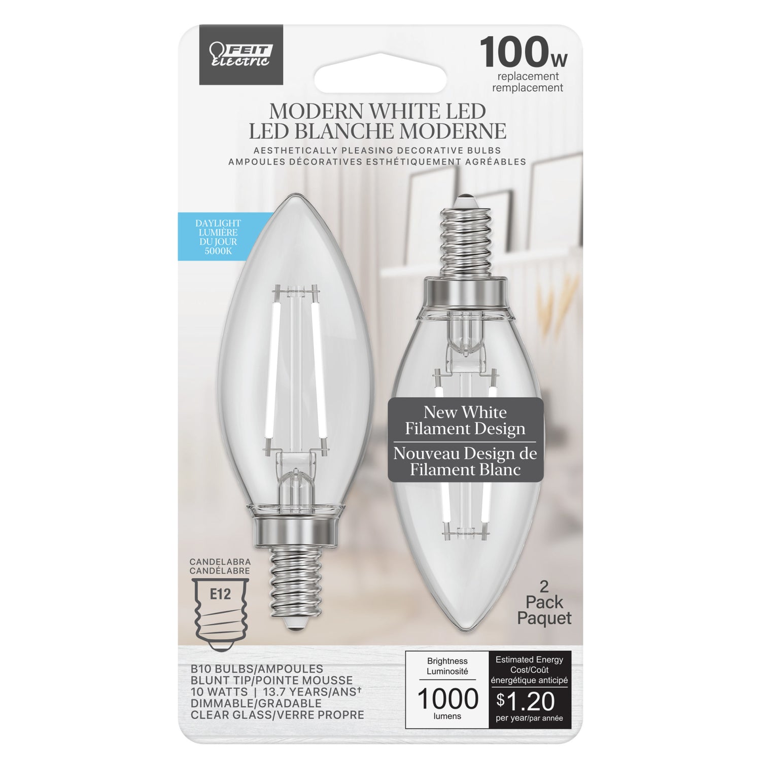 10W (100W Equivalent) Daylight (5000K) B10 Shape (E12 Base) Torpedo Tip LED Exposed White Filament Bulb (2-Pack)