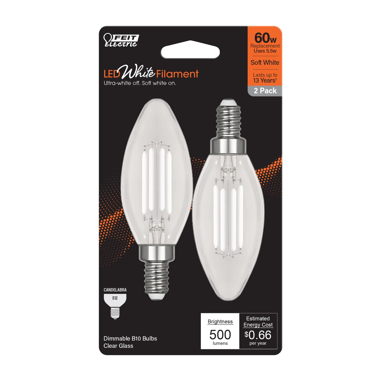 5.5W (60W Replacement) Soft White (2700K) B10 Shape (E12 Base) Torpedo Tip White Filament Light Bulb (2-Pack)