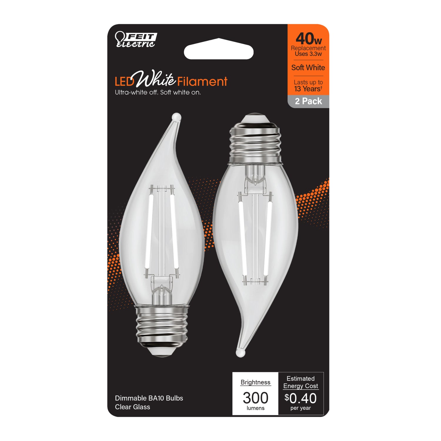 3.3 W (40W Equivalent) Soft White (2700K) Flame Tip BA10 (E26 Base) Exposed White Filament LED Bulb (2-Pack)