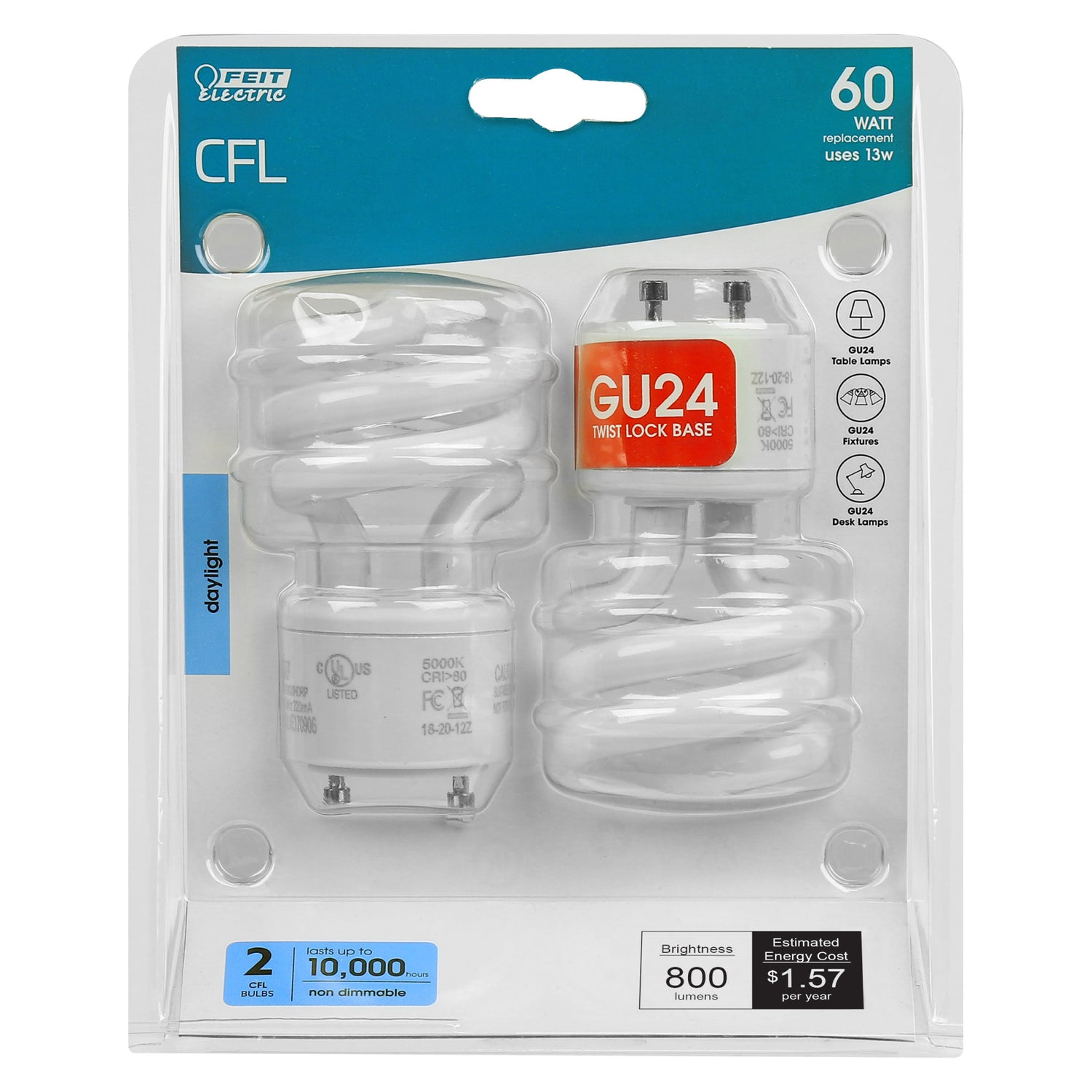 13W (60W Replacement) Daylight (5000K) GU24 Base T3 Spiral Non-Dimmable Compact Fluorescent CFL