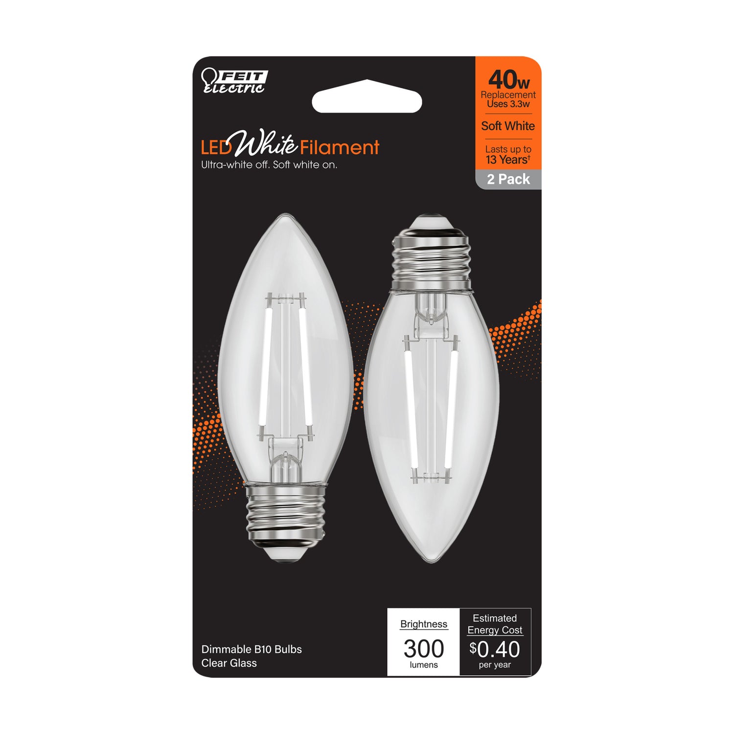 3.3W (40W Equivalent) Soft White (2700K) Chandelier B10 (E26 Base) Torpedo Tip Exposed White Filament LED Bulb (2-Pack)