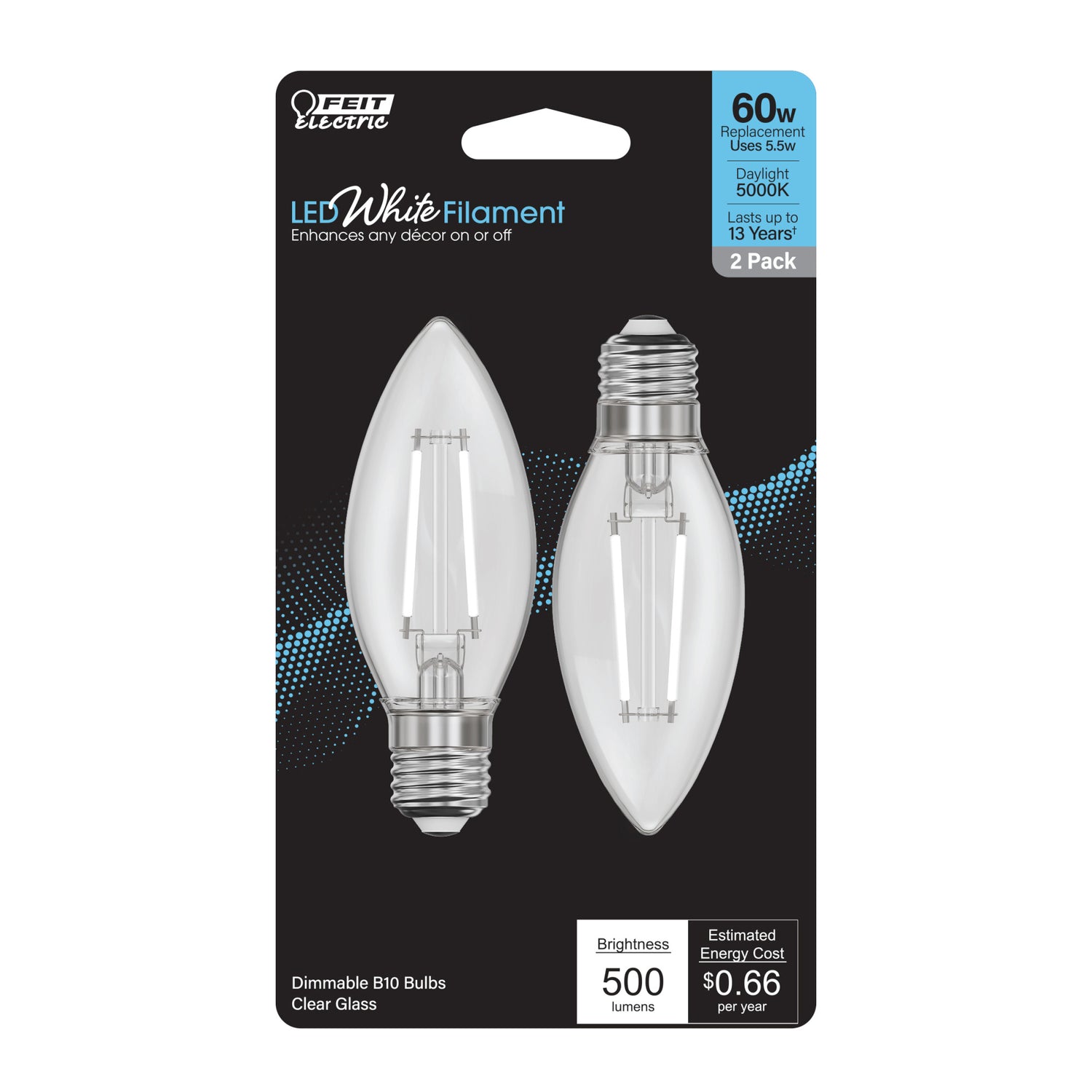 5.5W (60W Equivalent) Daylight White (5000K) Chandelier B10 (E26 Base) Torpedo Tip White Filament LED Bulb (2-Pack)