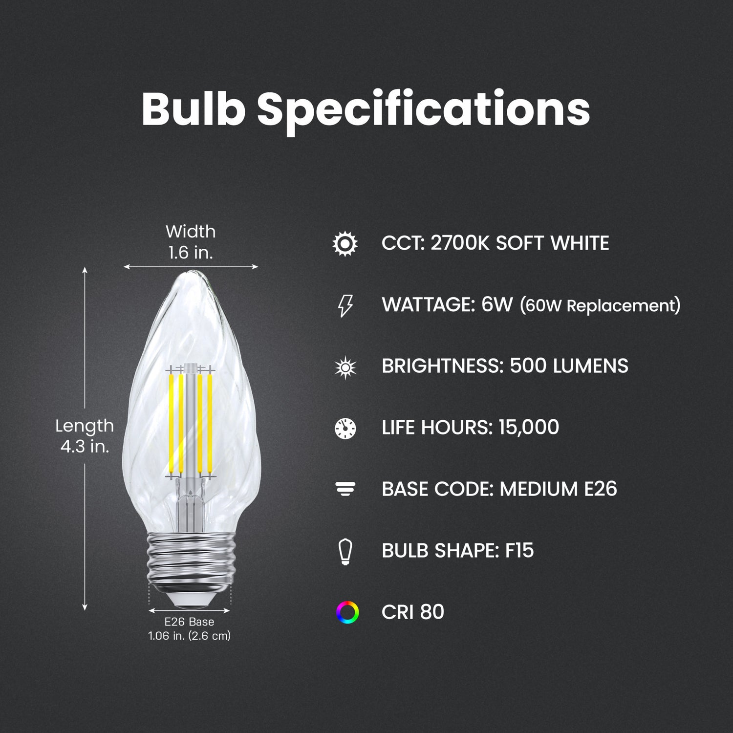 6W (60W Replacement) Soft White (2700K) E26 Base F15 Dimmable Clear LED Post Lantern Bulb