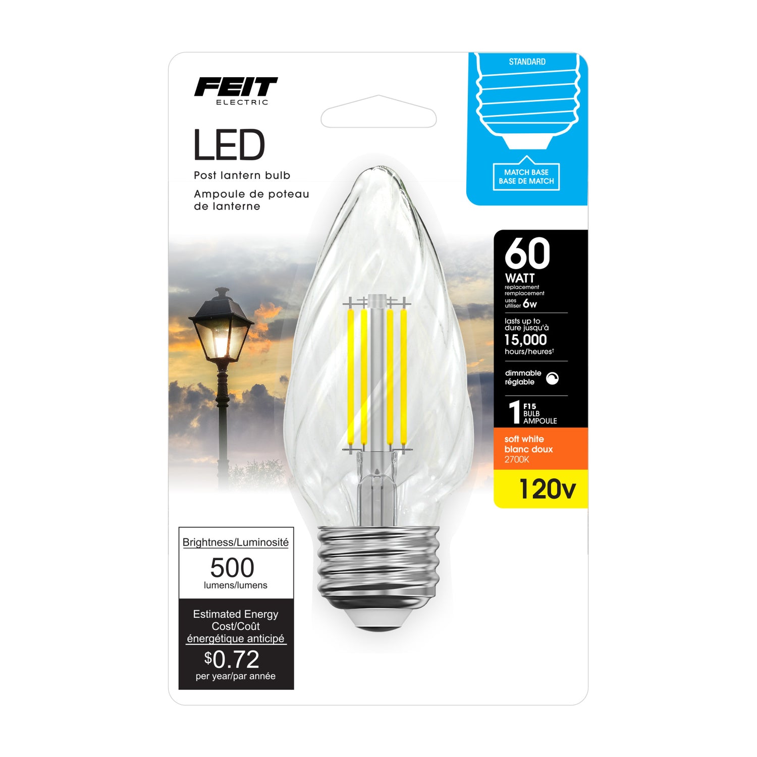 6W (60W Replacement) Soft White (2700K) E26 Base F15 Dimmable Clear LED Post Lantern Bulb