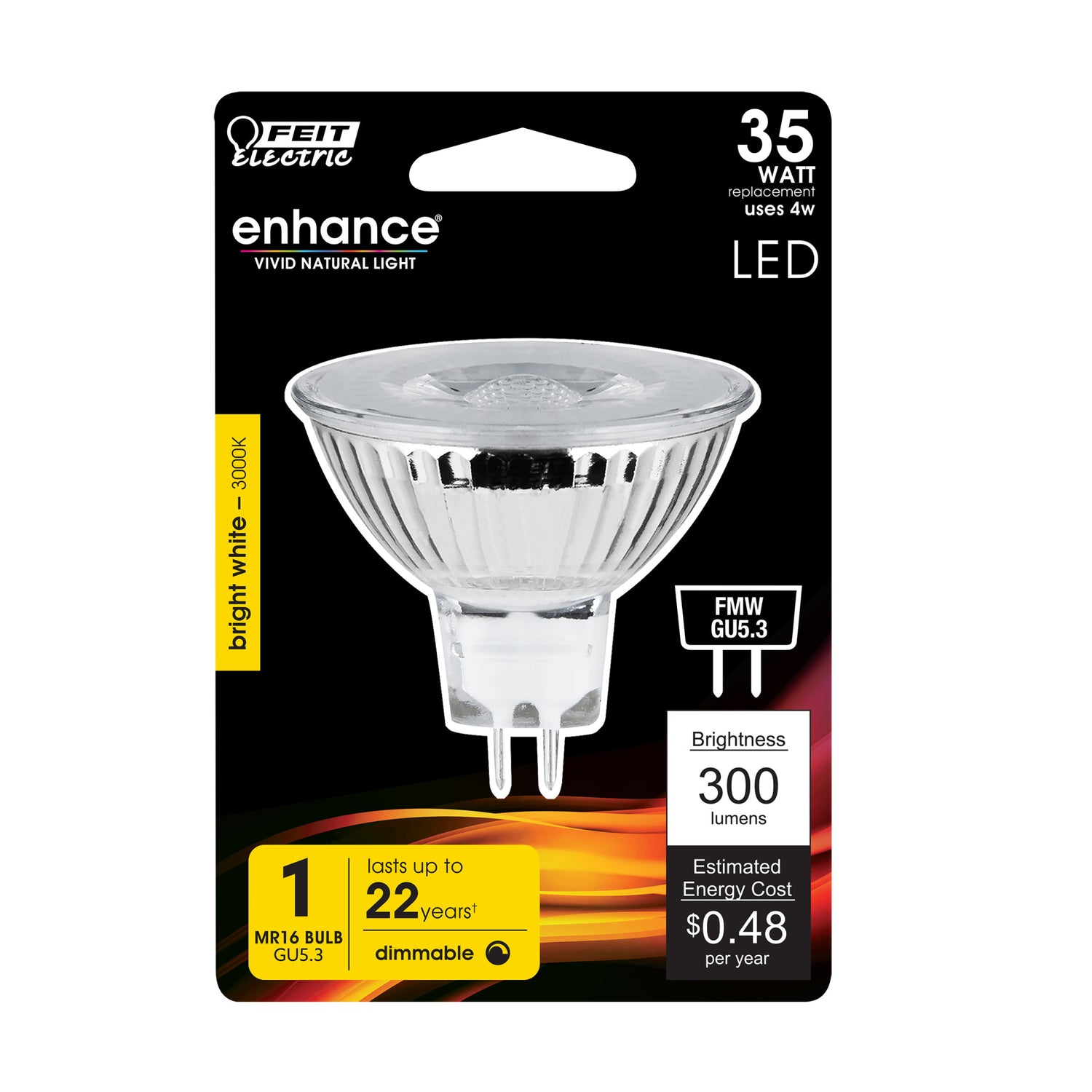 4W (35W Replacement) Bright White (3000K) MR16 GU5.3 Base Dimmable Enhance Reflector LED