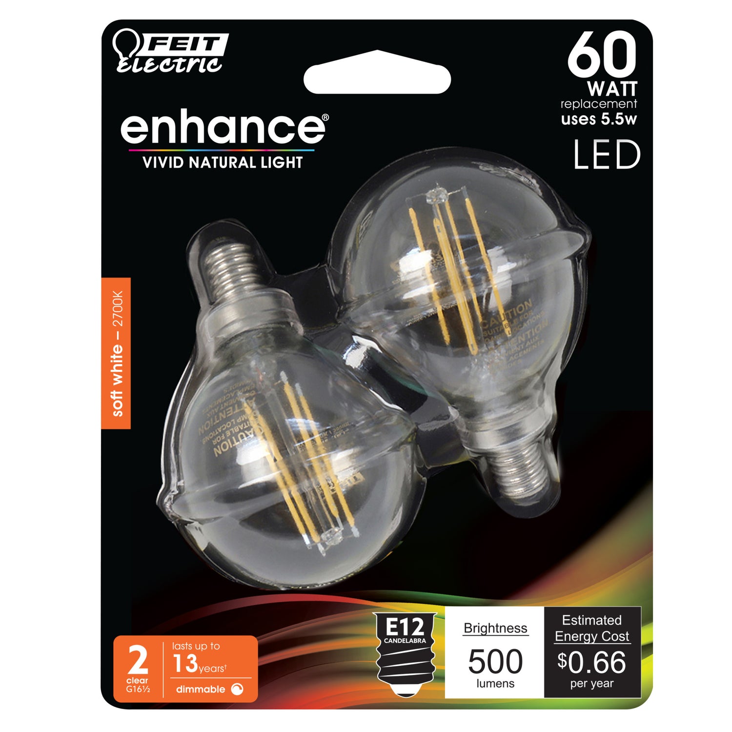 60W Replacement G16 1/2 Soft White Dimmable Enhance Glass Filament Globe LED (2-Pack)