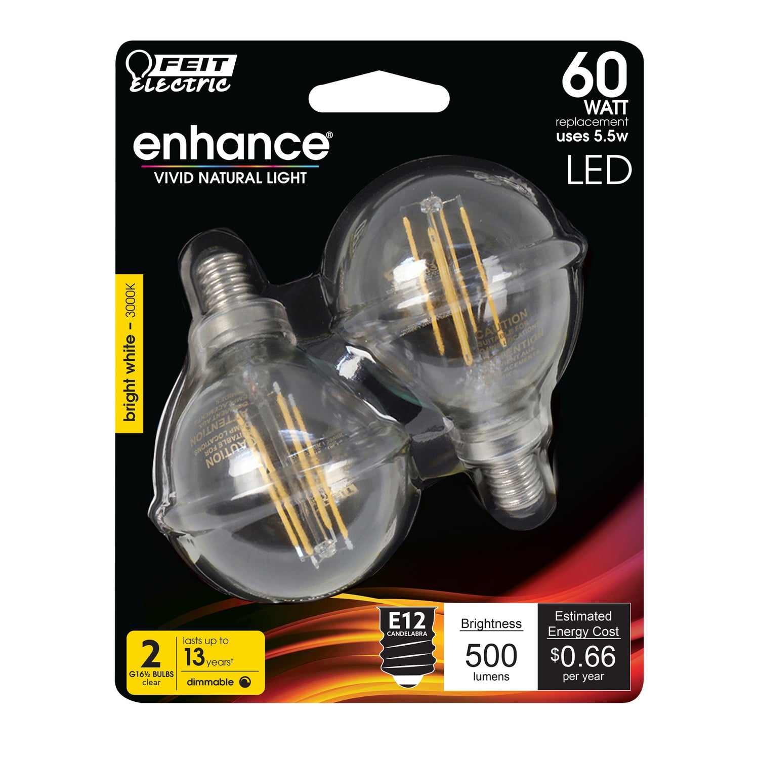 5.5W (60W Replacement) Bright White (3000K) G16 1/2 Filament LED Bulb (2-Pack)