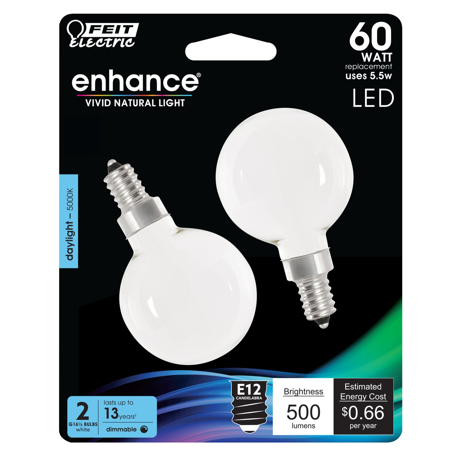 5.5W (60W Replacement) Daylight (5000K) E12 Base G16 1/2 Dimmable Enhance Glass Filament Globe LED Bulb (2-Pack)