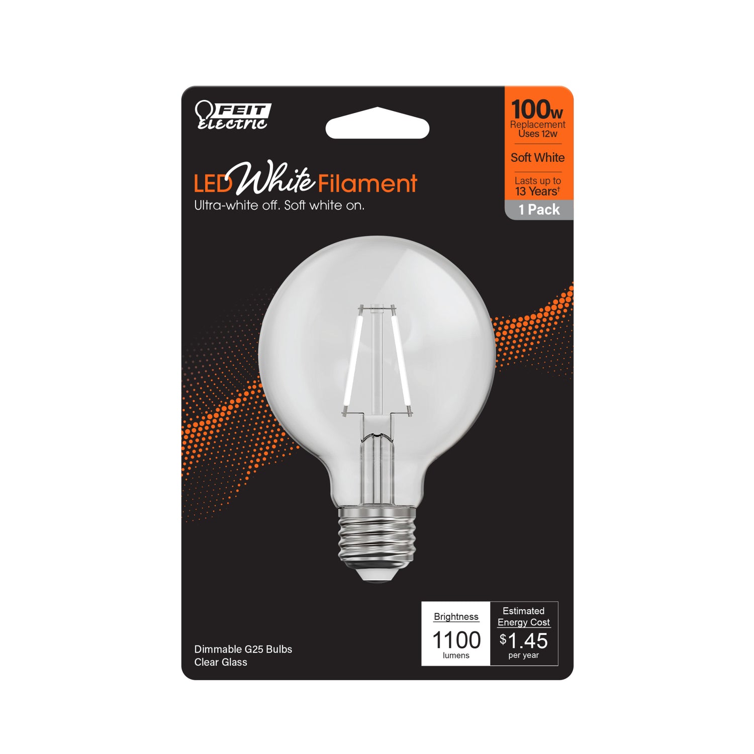 12W (100W Replacement) Soft White (2700K) Globe Shape (E26 Base) Exposed White Filament LED Bulb