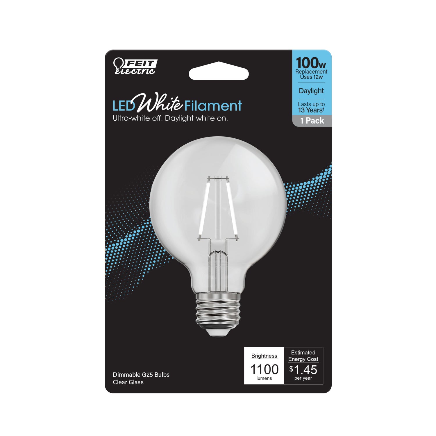 12W (100W Replacement) Daylight (5000K) Globe Shape (E26 Base) Exposed White Filament LED Bulb