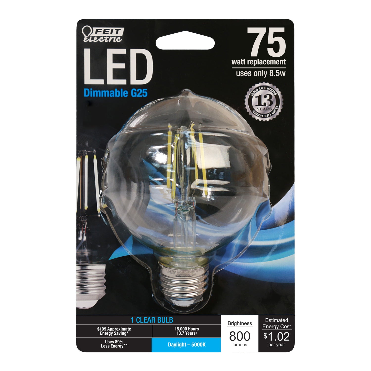 75W Equivalent Daylight G25 Dimmable Globe Glass Filament LED Light Bulb