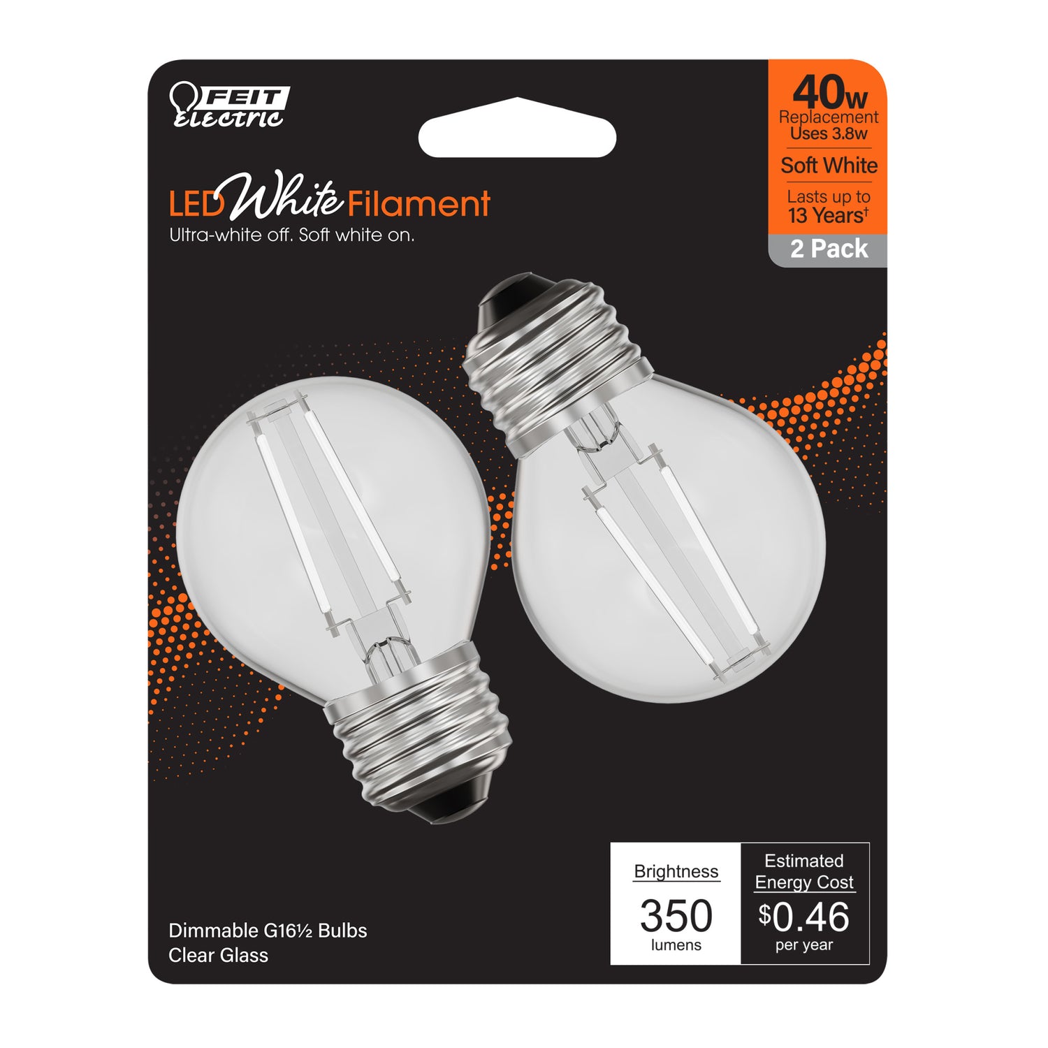 3.8W (40W Equivalent) Soft White (2700K) G16 1/2 Globe Shape (E26 Base) Exposed White Filament LED Bulb (2-Pack)