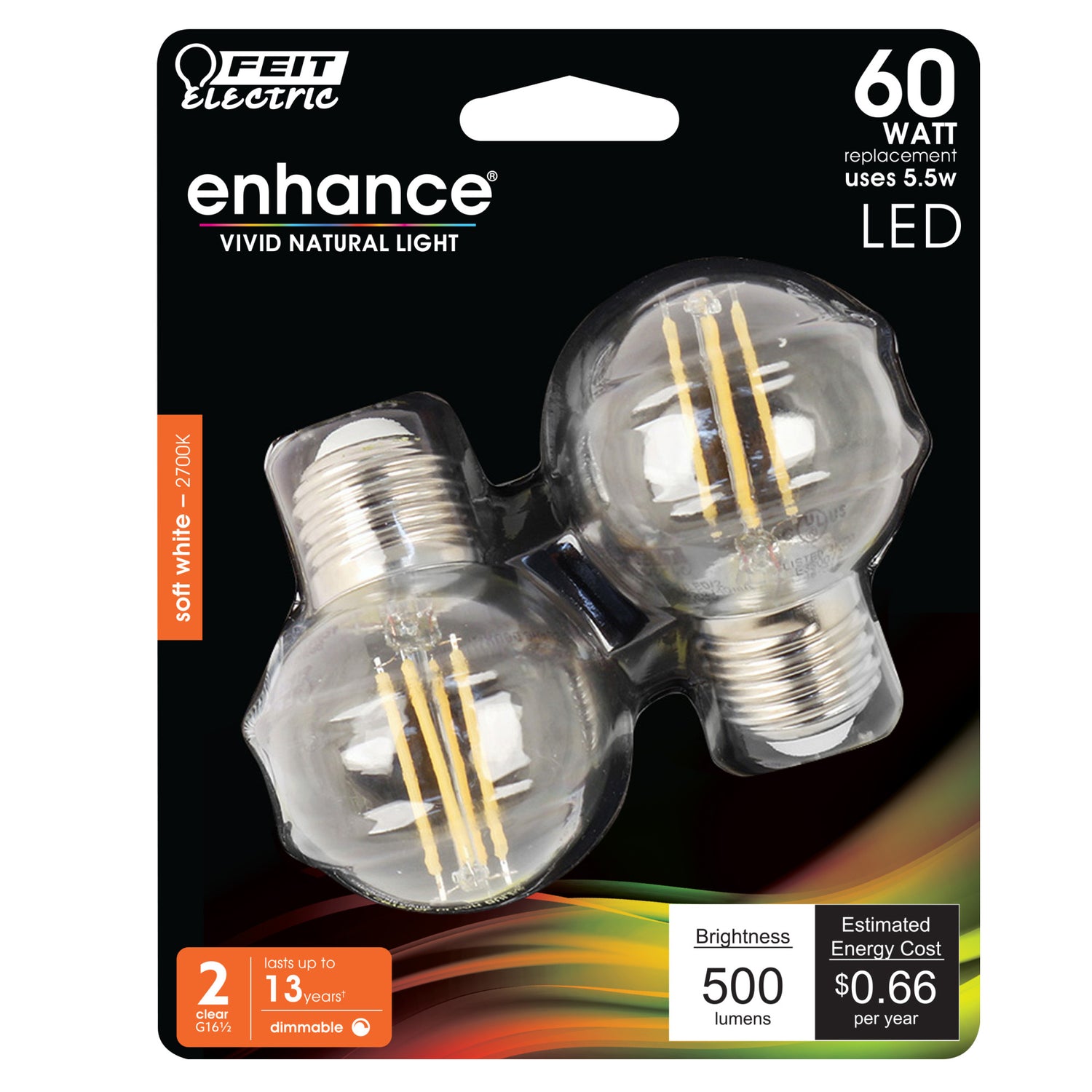 60W Replacement G16 1/2 Medium Base Soft White Dimmable Enhance Glass Filament Globe LED (2-Pack)