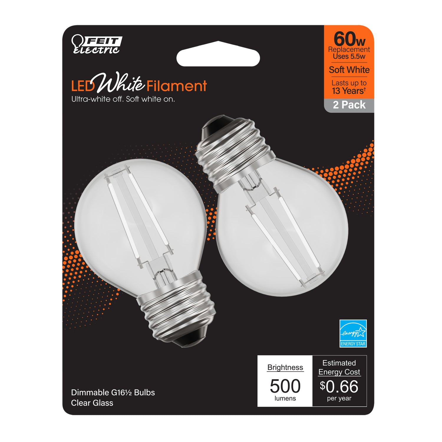 5.5W (60W Equivalent) Soft White (2700K) G16 1/2 Globe Shape (E26 Base) Exposed White Filament LED Bulb (2-Pack)