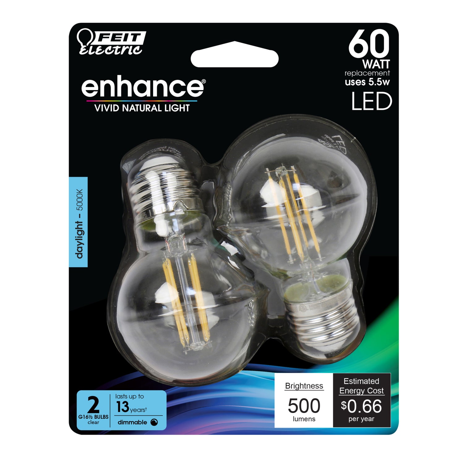 5.5W (60W Replacement) Daylight (5000K) G16 1/2 (E26 Base) Filament LED (2-Pack)