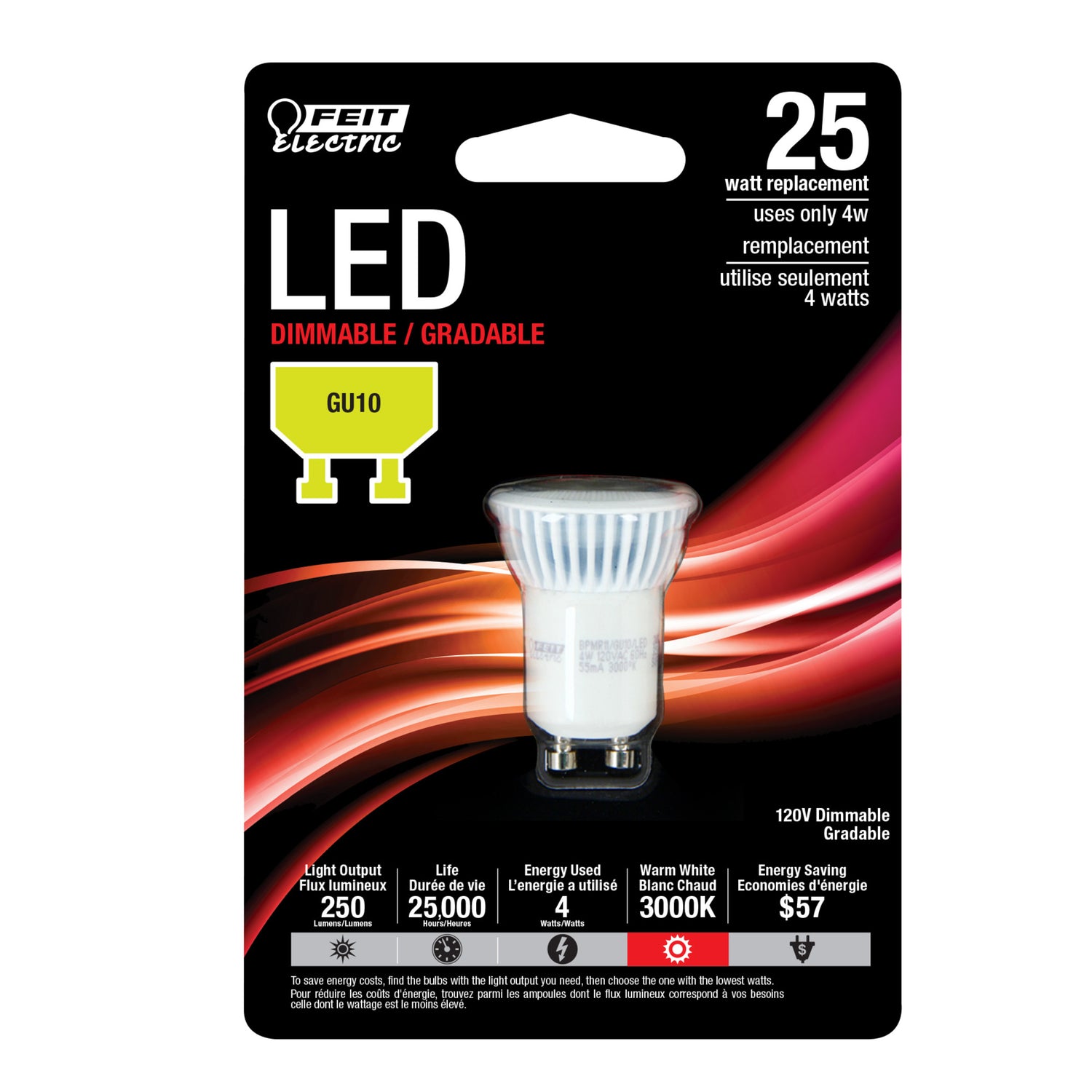 4W (25W Replacement) Warm White (3000K) GU10 Base MR11 Dimmable Reflector LED Light Bulb