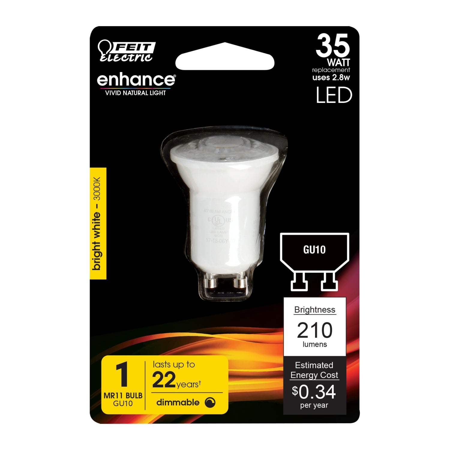 2.8W (35W Replacement) Bright White (3000K) MR11 GU10 Bi-Pin Base Enhance® LED Bulb