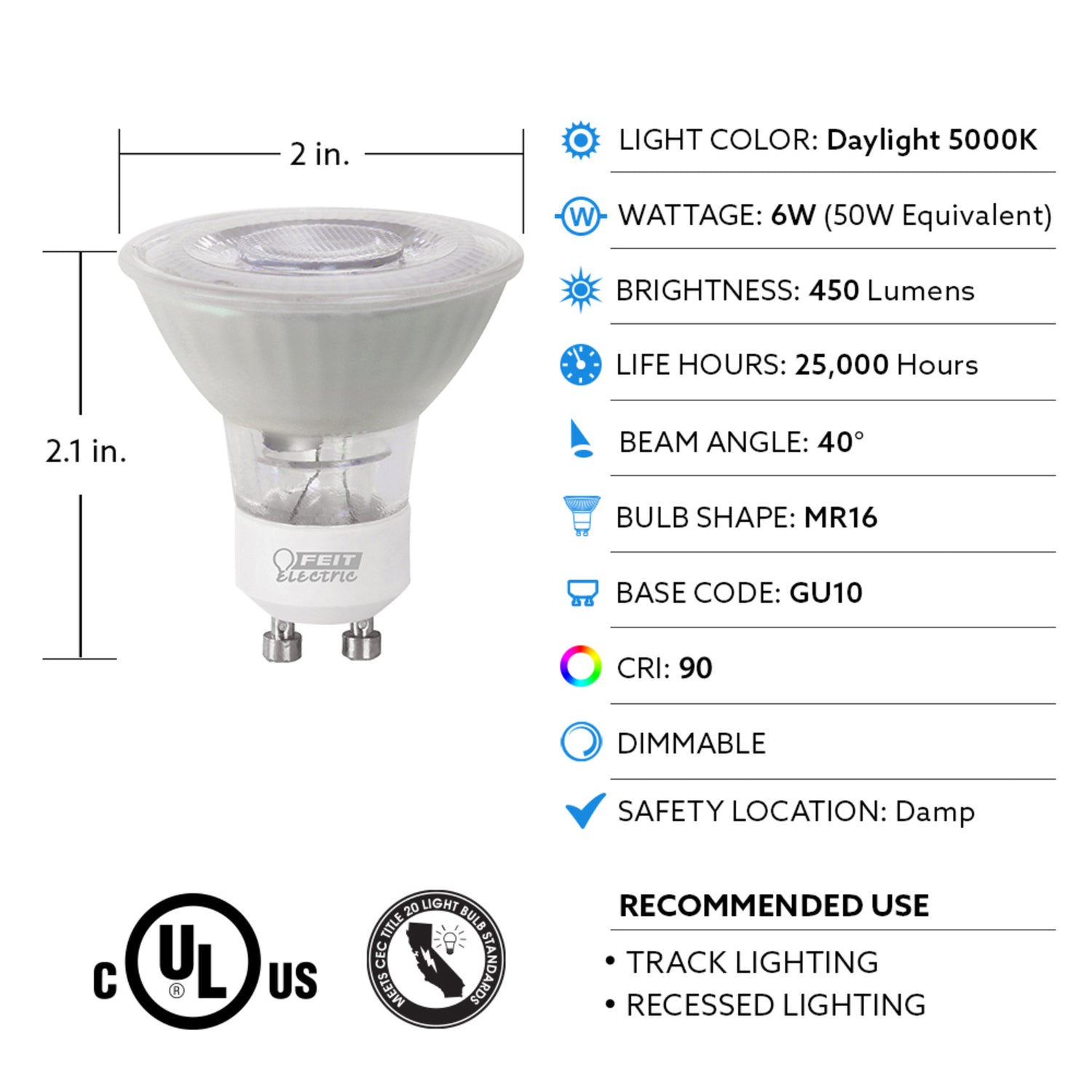 6W (50W Replacement) Daylight (5000K) GU10 Base MR16 Dimmable LED (3-Pack)