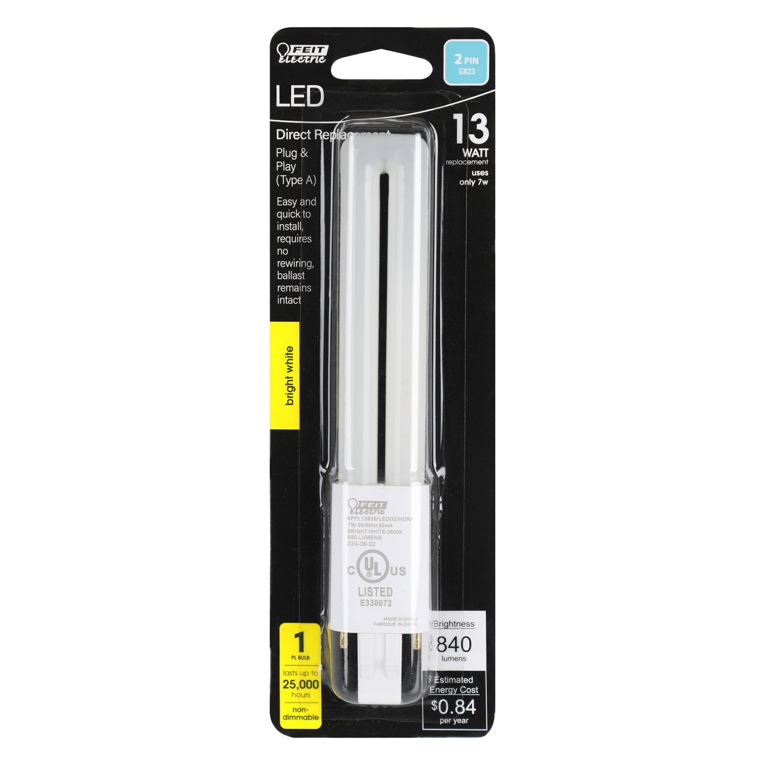 7W Bright White (3500K) PL Shape GX23 Base Direct Replacement (Type A) Twin Tube LED Light Bulb