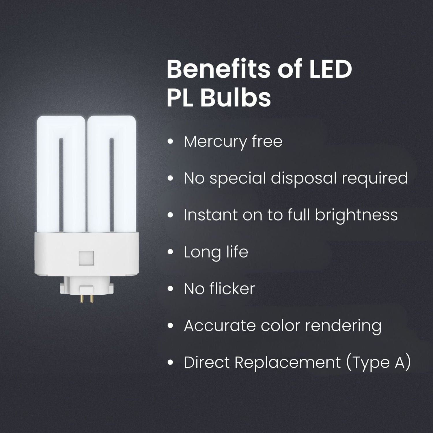 12W (27W Replacement) Daylight Deluxe (6500K) GX10Q-4 Base Direct Replacement (Type A) Quad Tube PL LED Bulb