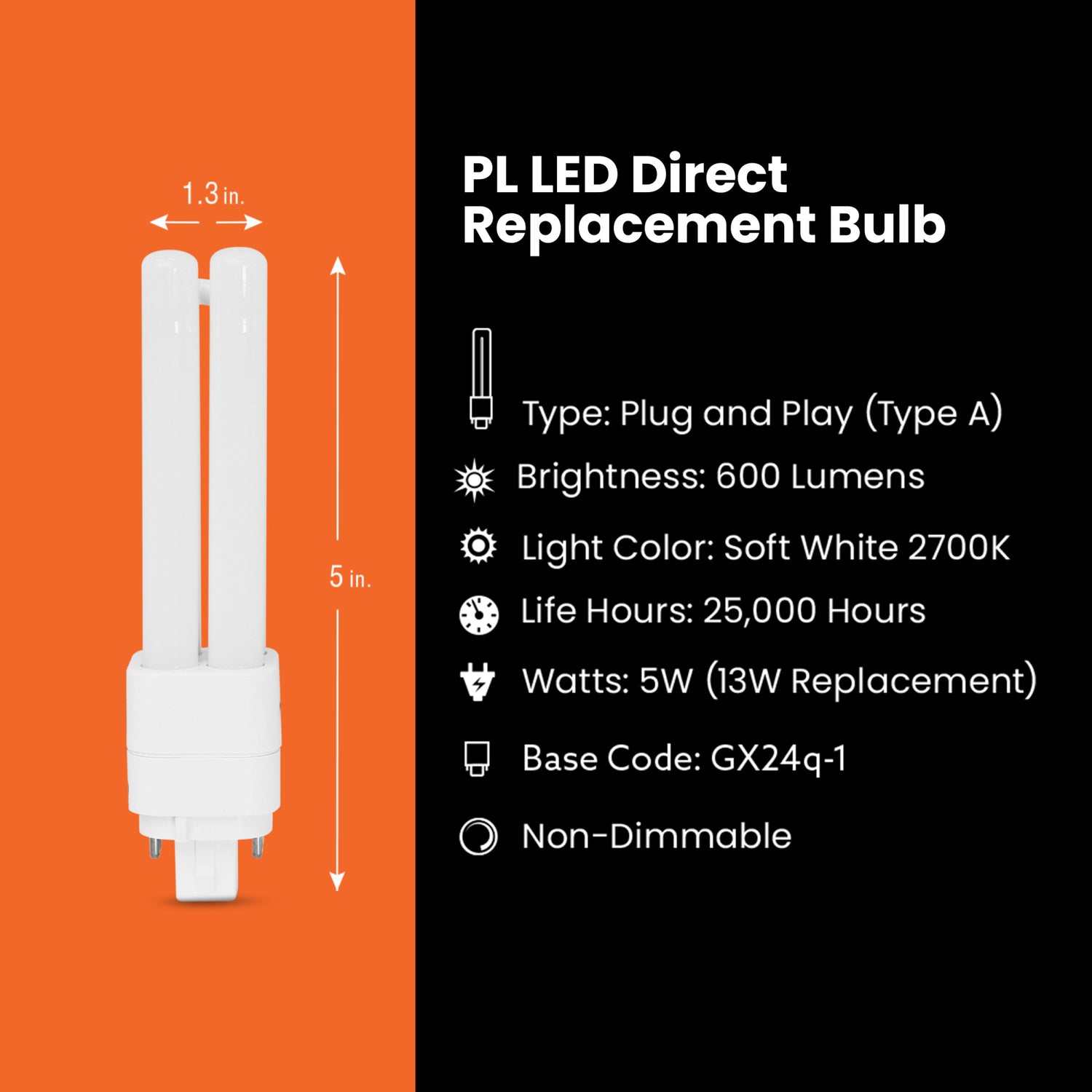 5W (13W Replacement) Soft White (2700K) GX24q-1 Base Direct Replacement (Type A) Double Twin Tube PL LED Light Bulb