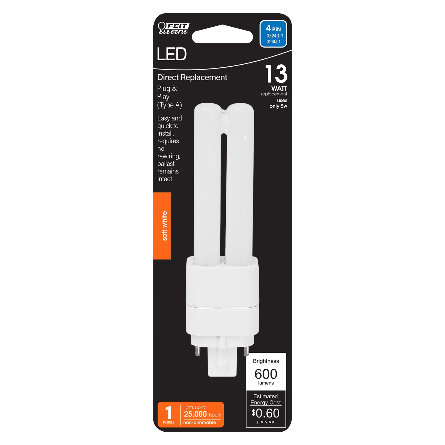 5W (13W Replacement) Soft White (2700K) GX24q-1 Base Direct Replacement (Type A) Double Twin Tube PL LED Light Bulb