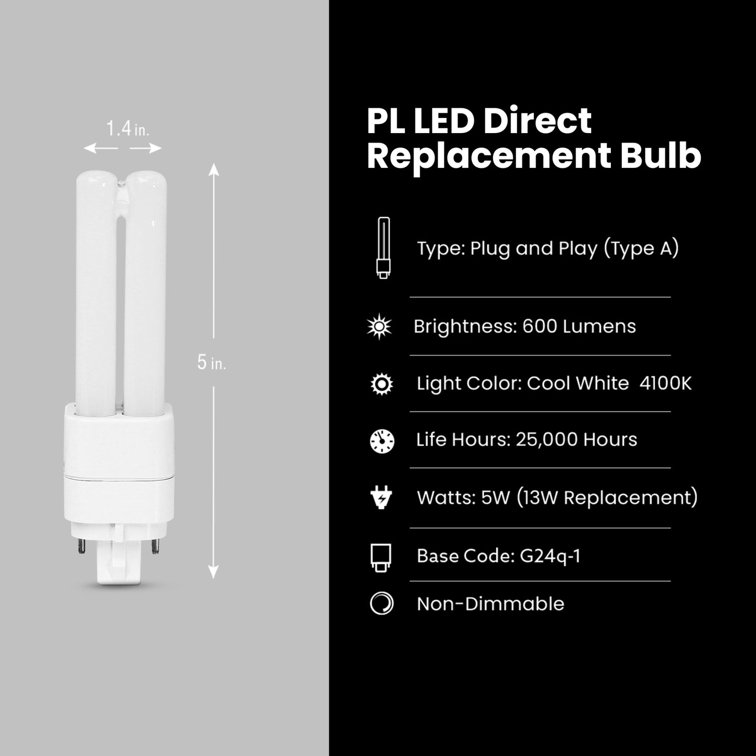 5W (13W Equivalent) Cool White (4100K) G24q-1 Base Direct Replacement (Type A) (PL Replacement) Quad Tube LED Light Bulb