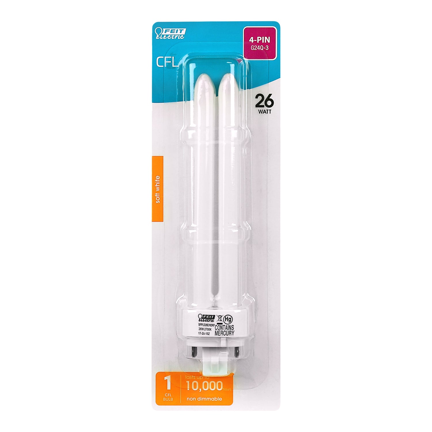 26W Soft White (2700K) PLD Double Twin Tube G24Q-3 Base Compact Fluorescent Light Bulb