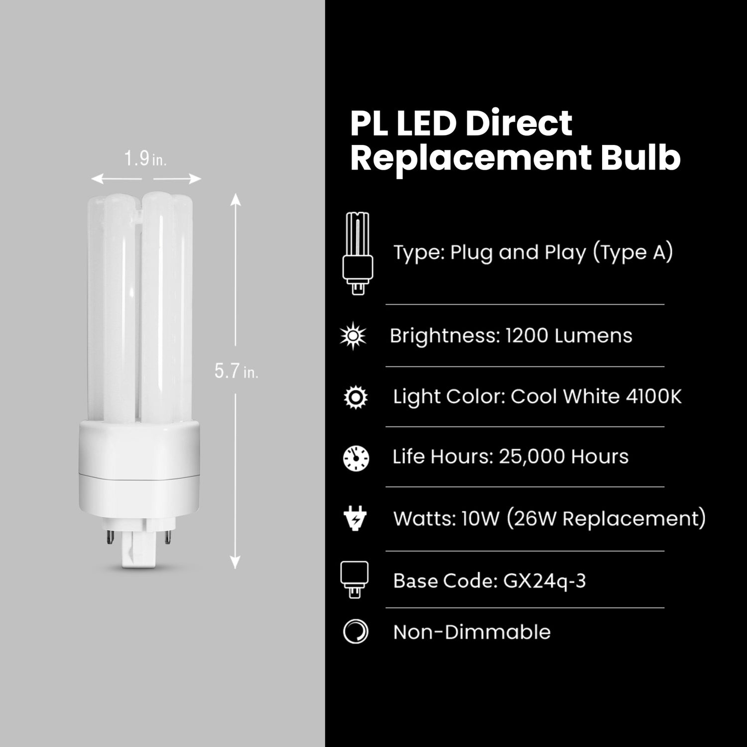 10W (26W Equivalent) Cool White (4100K) GX24q-3 Base Direct Replacement (Type A) Triple Tube PL LED Bulb