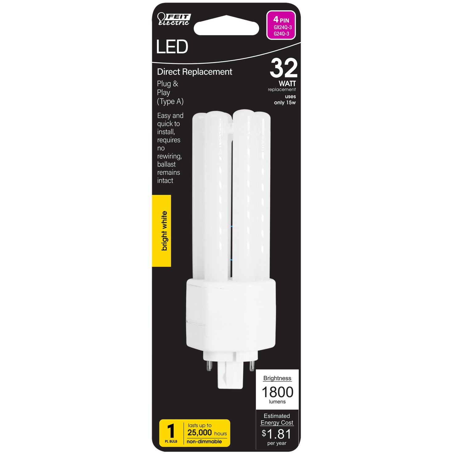 15W (32W Equivalent) Bright White (3500K) GX24q-3 Base Direct Replacement (Type A) Triple Tube PL LED Light Bulb