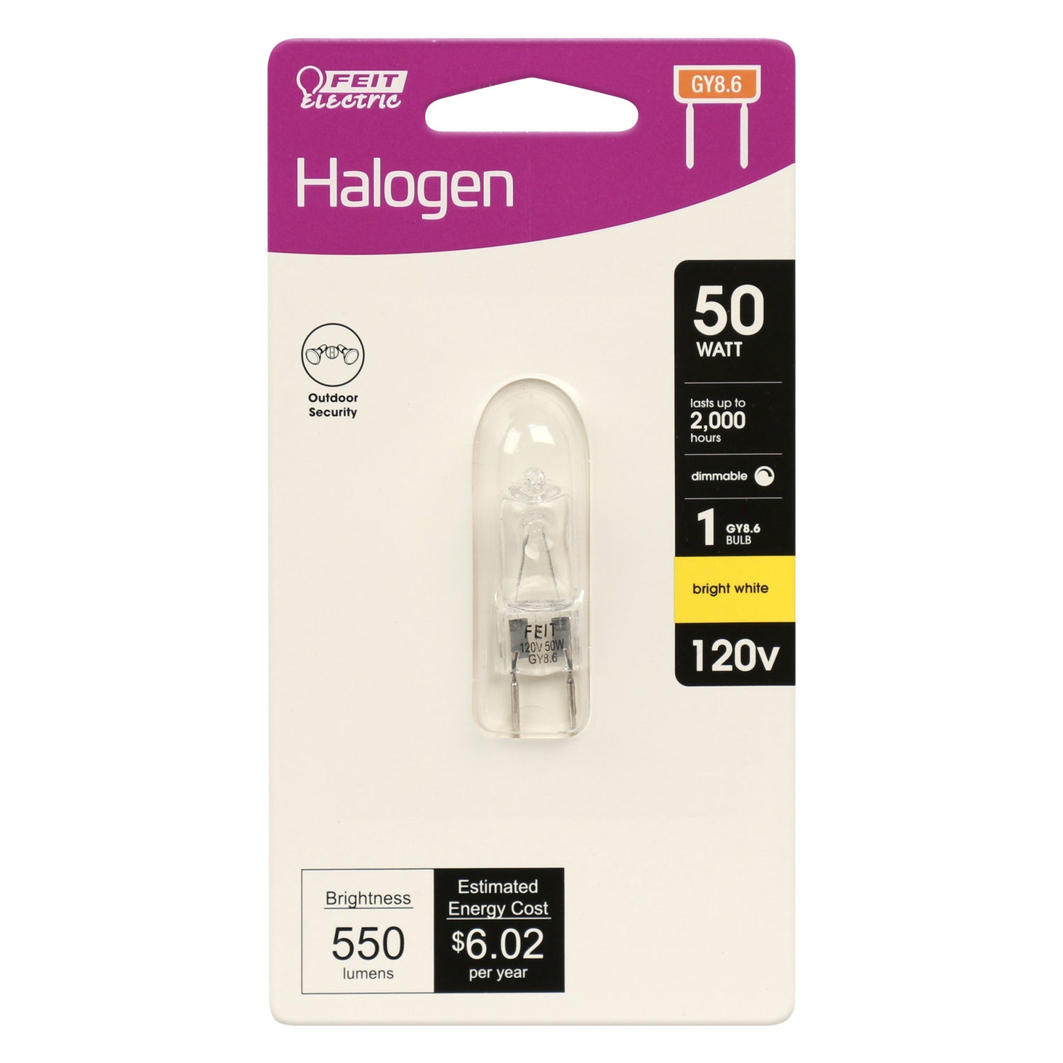 50W Bright White (3000K) Bi-Pin GY8.6 Base (T4 Replacement) Halogen Replacement Light Bulb