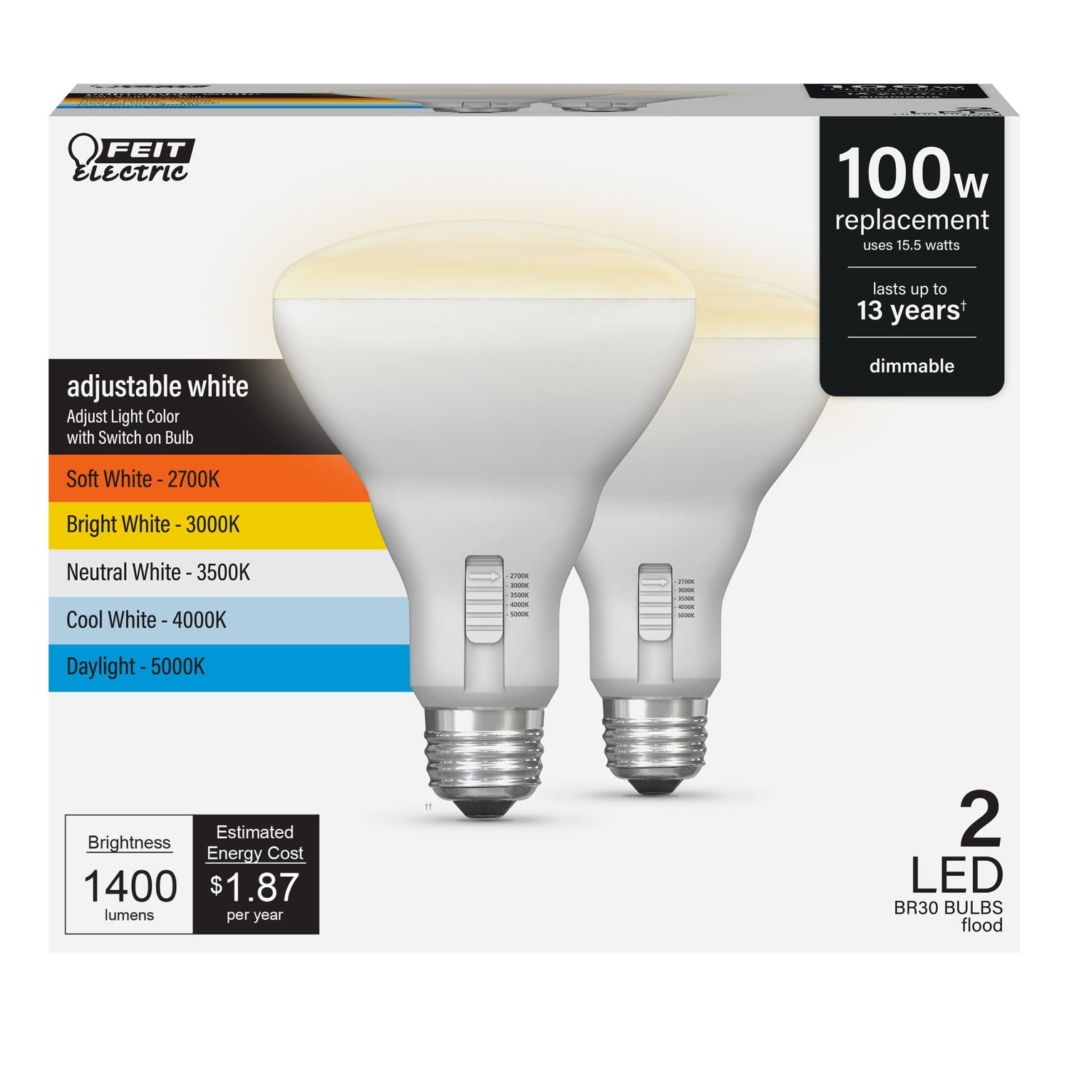 15.5W (100W Replacement) Adjustable White (5CCT) E26 Base Dimmable BR30 Shape LED Bulb (2-Pack)