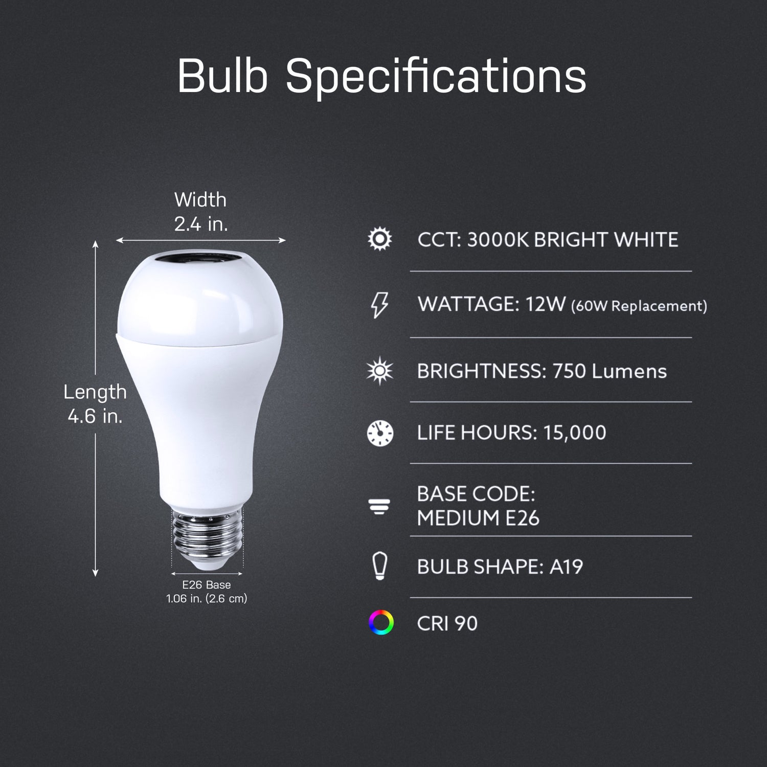 12W (60W Replacement) Bright White (3000K) A19 Light Bulb With Speaker