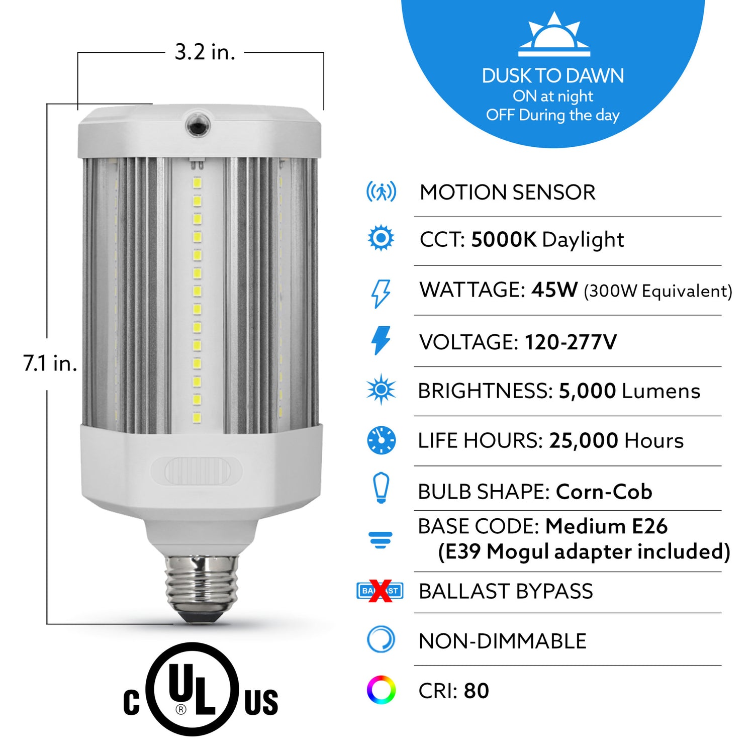 45W (300W Replacement) Daylight (5000K) Corn Cob Yard Light With Dusk to Dawn and Motion Sensors