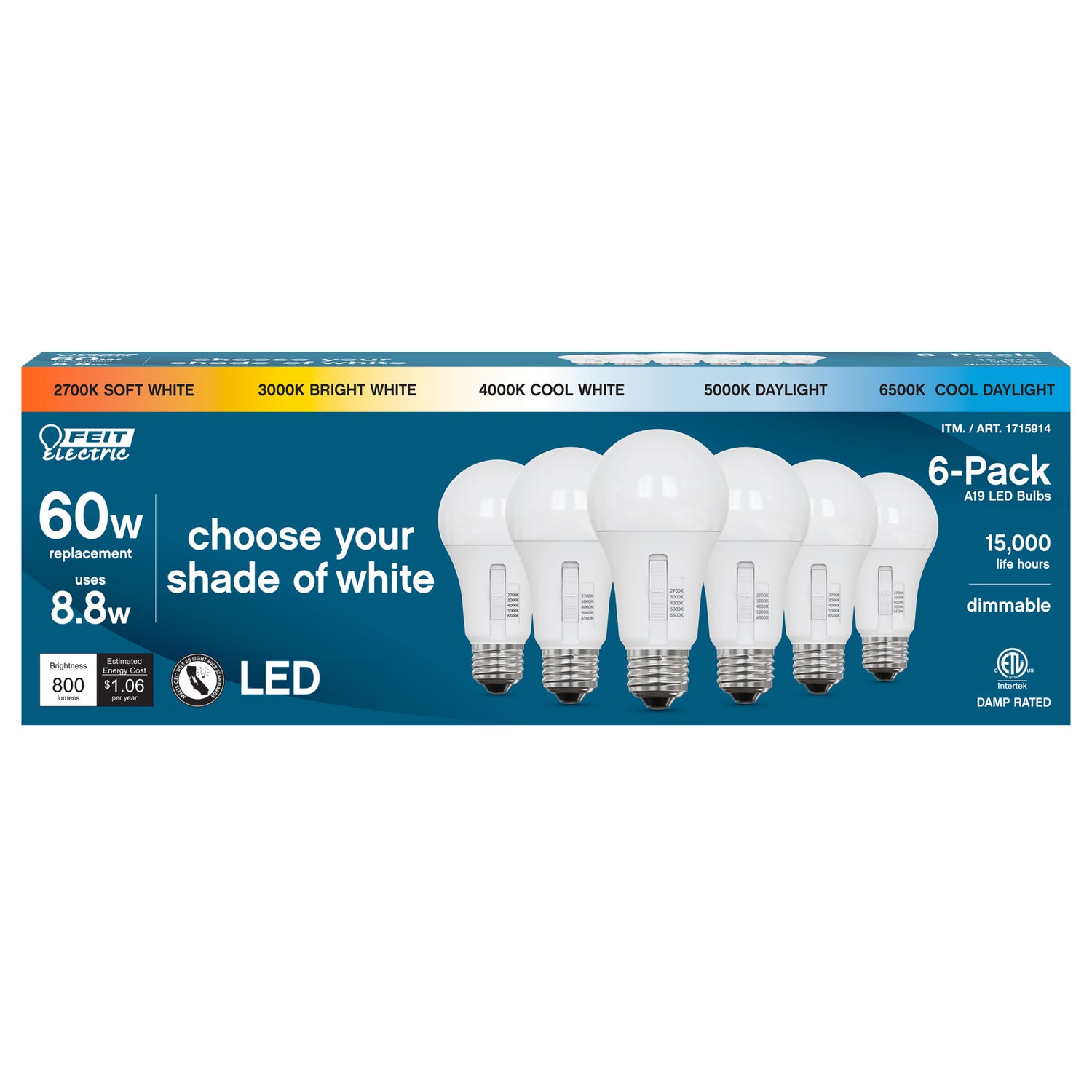 8.8W (60W Replacement) Selectable Color A19 E26 Base LED Bulb (6-Pack)