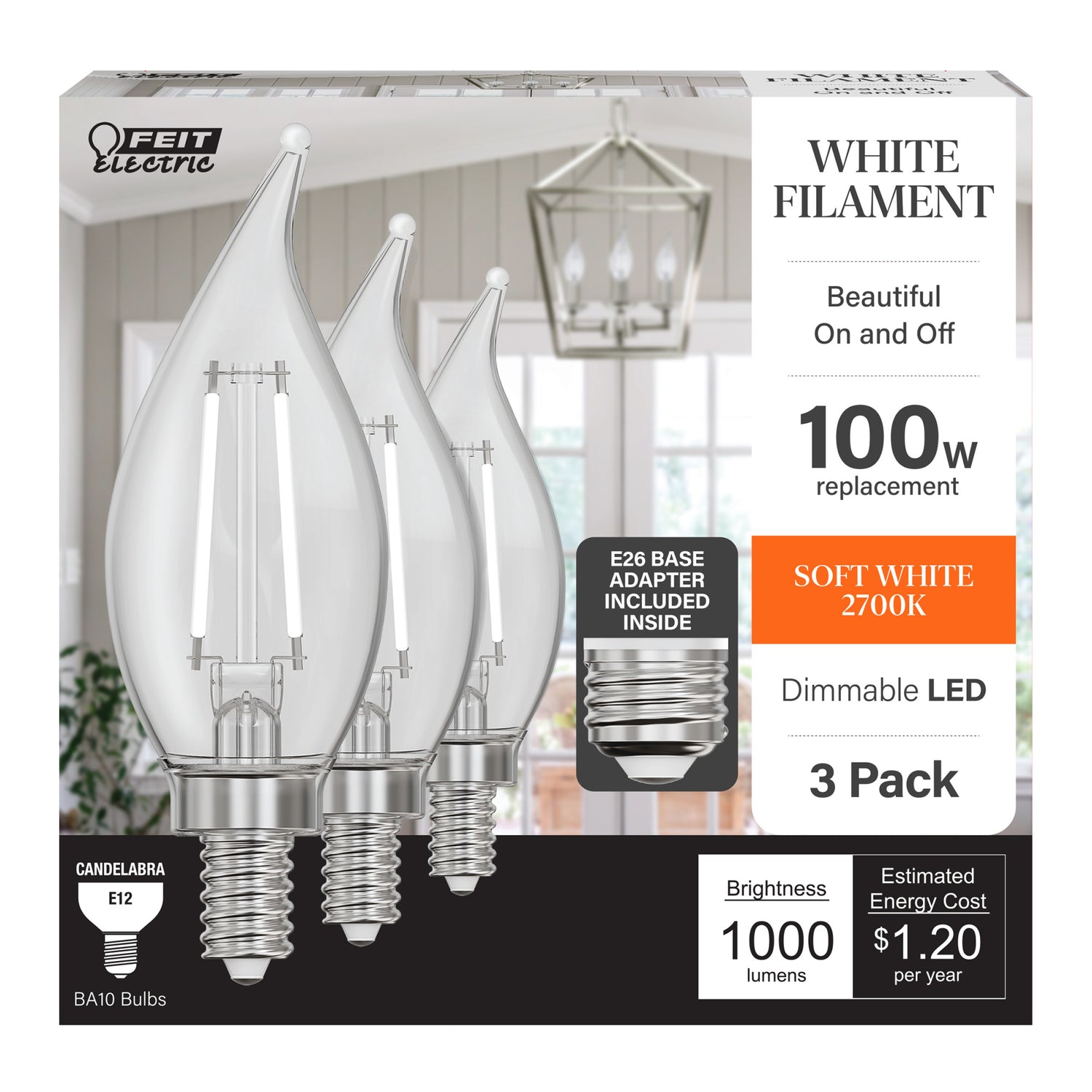 10W (100W Replacement) Soft White (2700K) E12/E26 Base BA10 Dimmable Flame Tip White Filament LED Bulb (3-Pack)