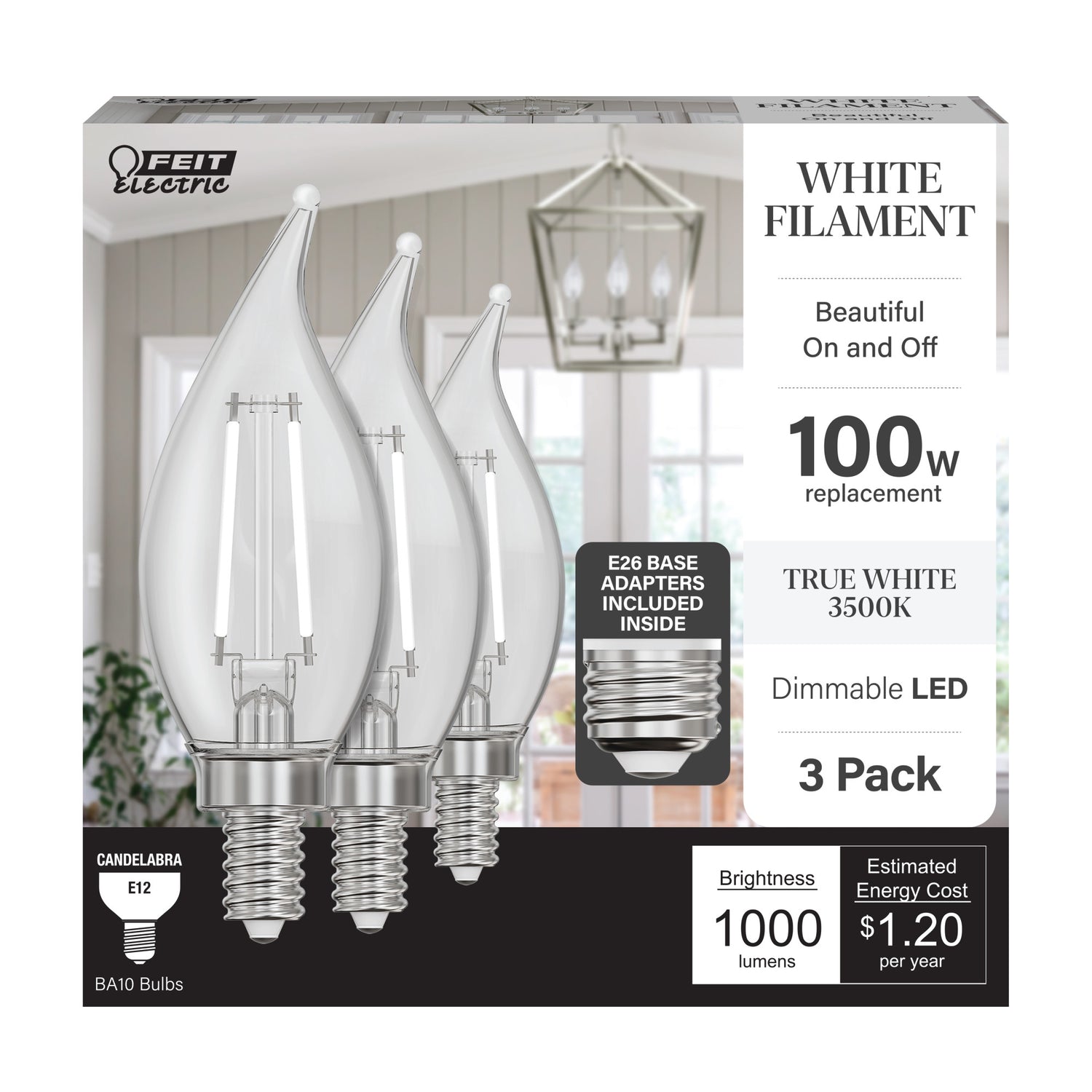 10W (100W Replacement) True White (3500K) E12/E26 Base BA10 Flame Tip White Filament LED Bulb (3-Pack)