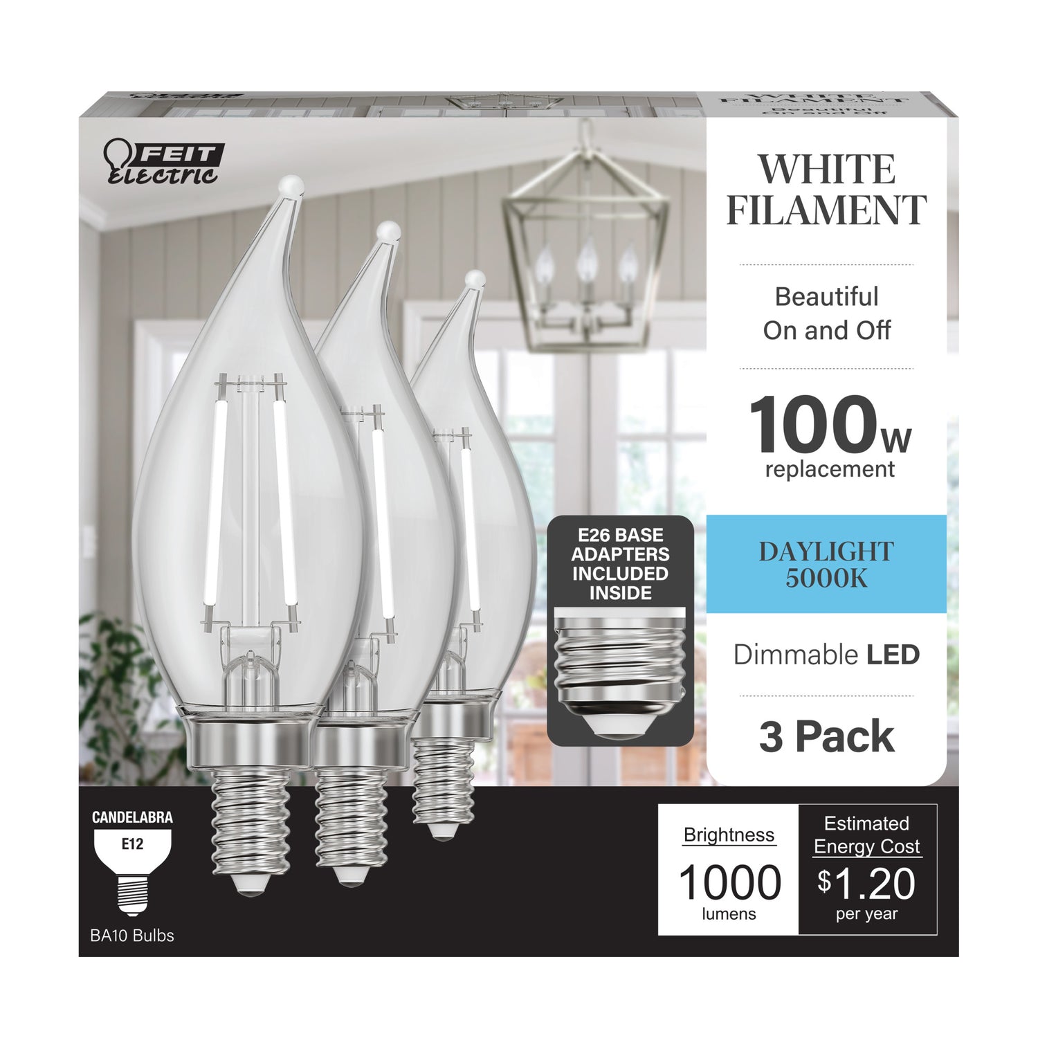 10W (100W Replacement) Daylight (5000K) E12/E26 Base BA10 Dimmable Flame Tip White Filament LED Bulb (3-Pack)