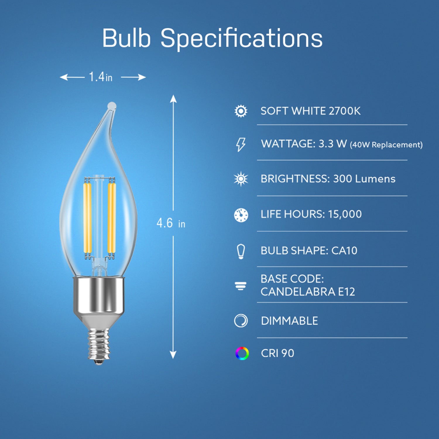 3.3W (40W Replacement) E12 Base CA10 Dimmable Clear Glass Vintage Decorative Smart Wi-Fi LED Light Bulb, Soft White