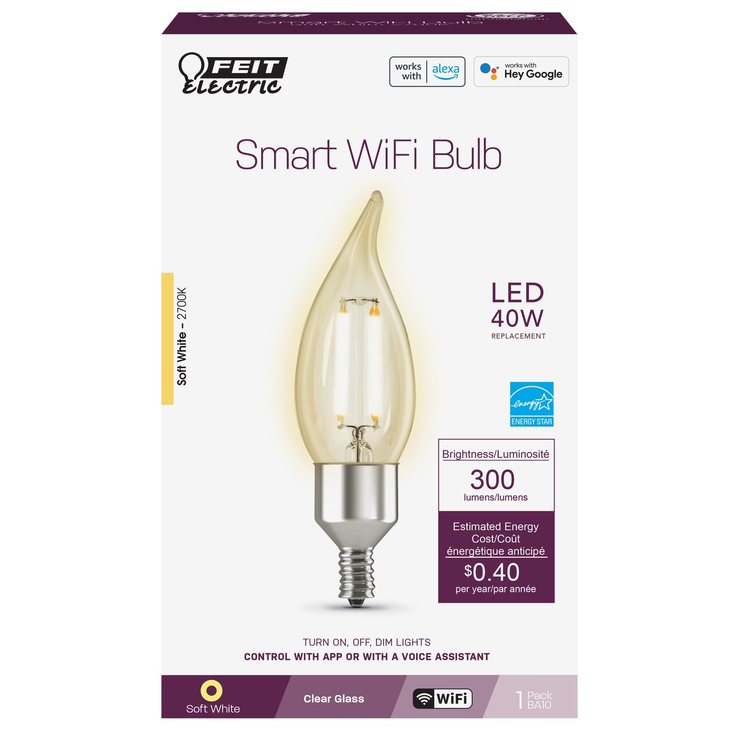 3.3W (40W Replacement) E12 Base CA10 Dimmable Clear Glass Vintage Decorative Smart Wi-Fi LED Light Bulb, Soft White