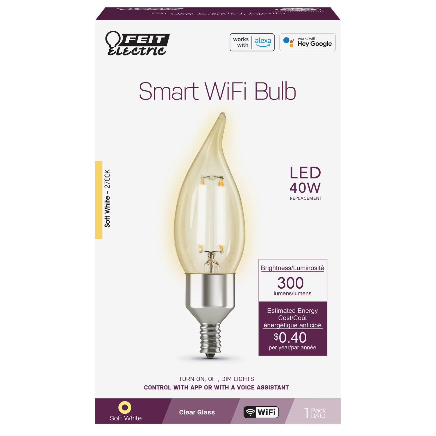 3.3W (40W Replacement) E12 Base CA10 Dimmable Clear Glass Vintage Decorative Smart Wi-Fi LED Light Bulb, Soft White