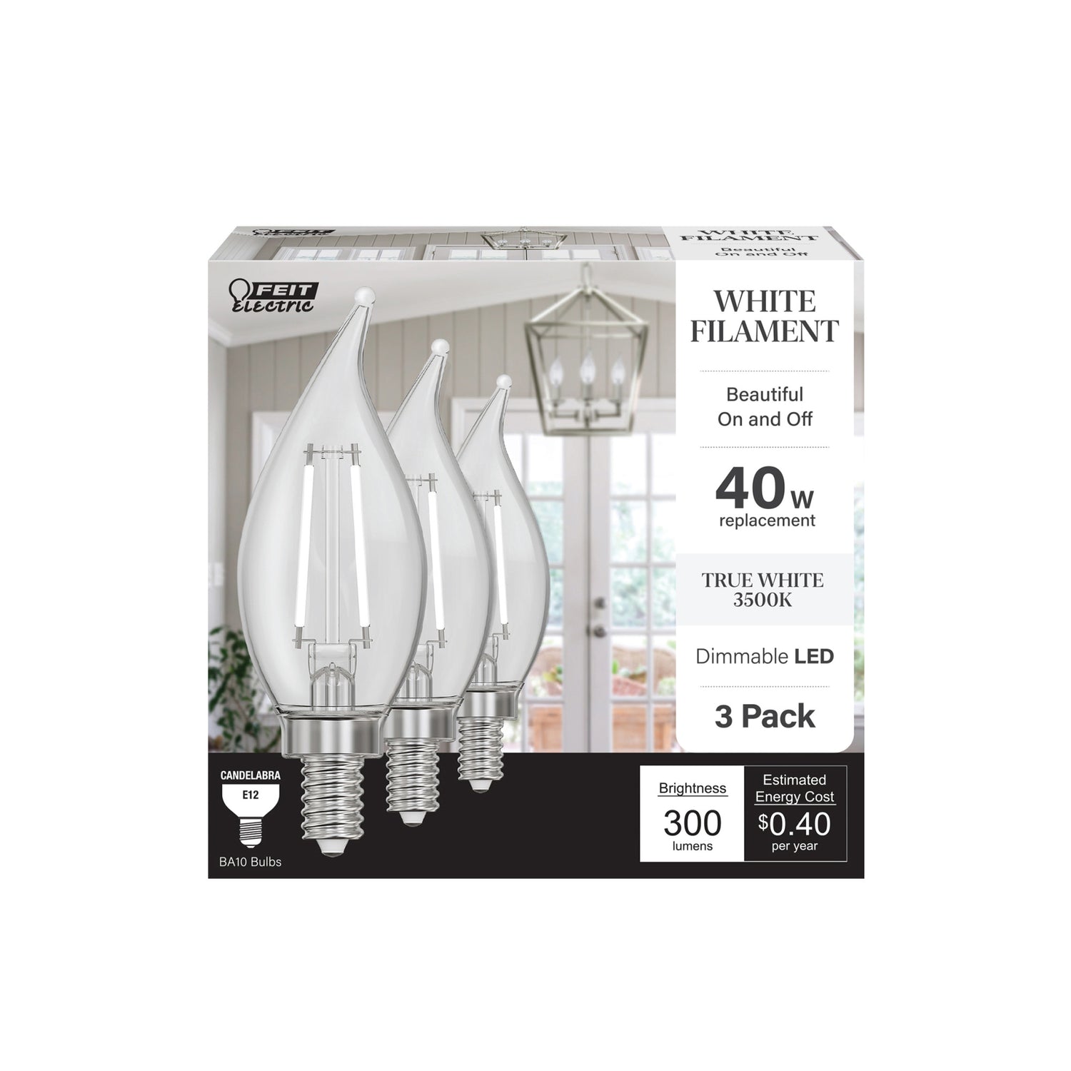 3.3W (40W Replacement) True White (3500K) Flame Tip BA10 (E12 Base) Exposed White Filament LED Bulb (3-Pack)