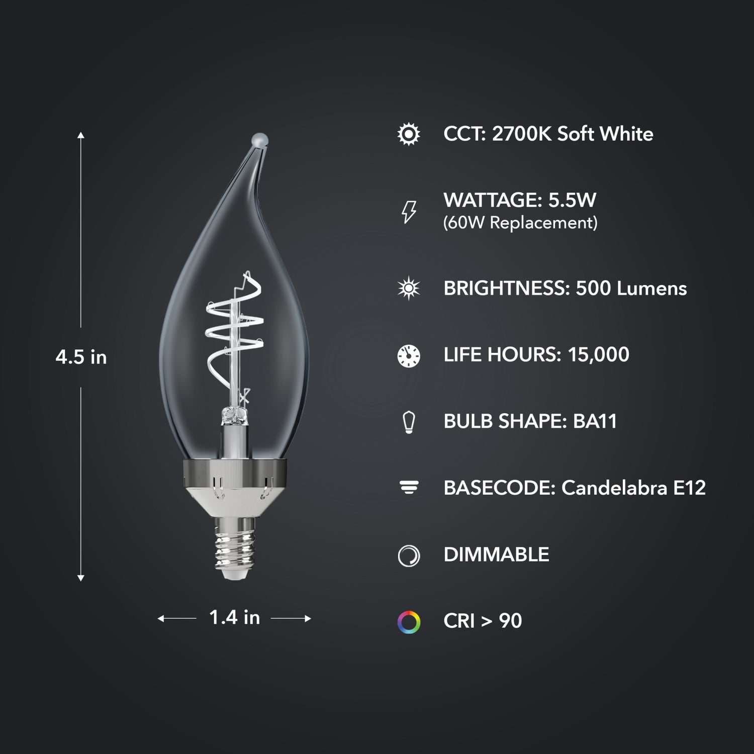 5.5W (60W Replacement) Soft White (2700K) E12 Base BA11 Flame Tip 3-Level Dimming White Filament Bulb (3-Pack)