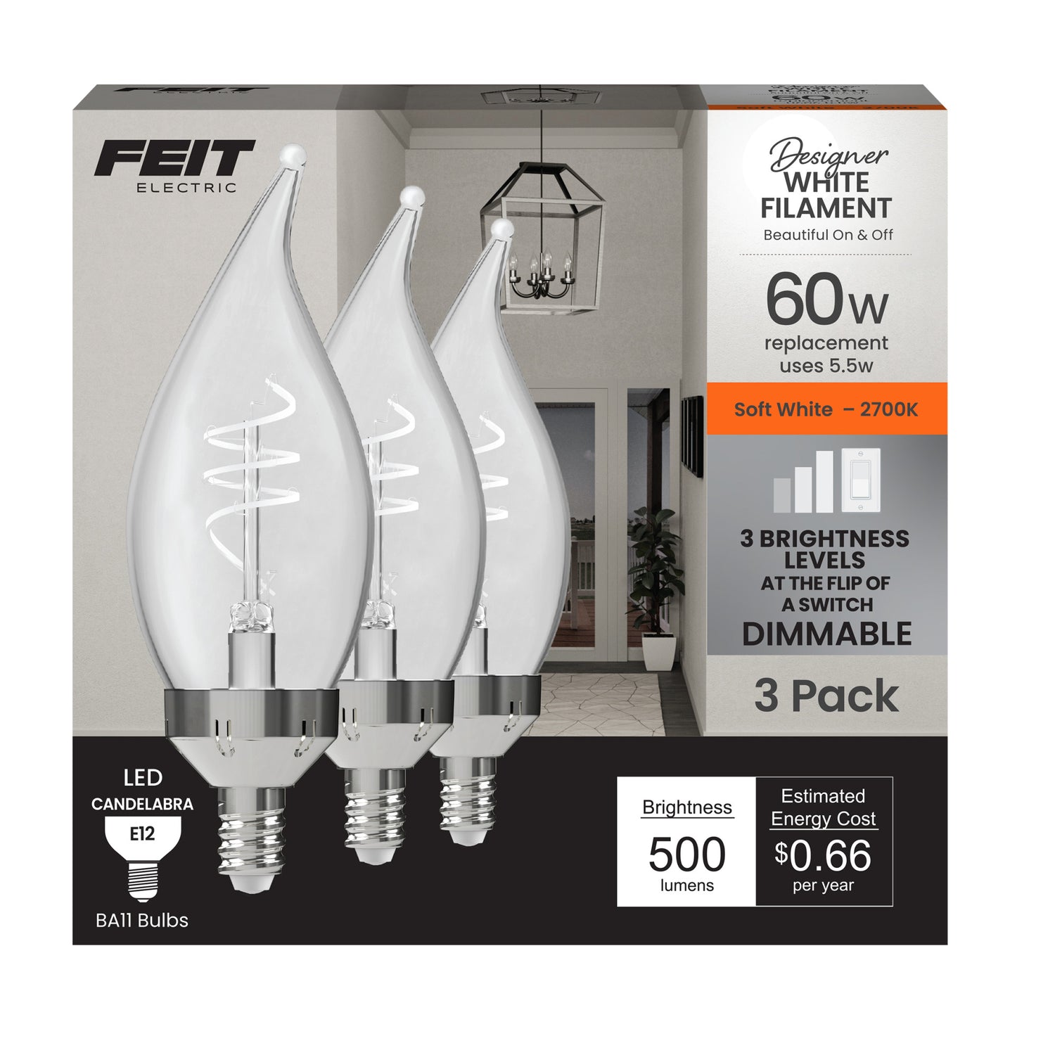 5.5W (60W Replacement) Soft White (2700K) E12 Base BA11 Flame Tip 3-Level Dimming White Filament Bulb (3-Pack)