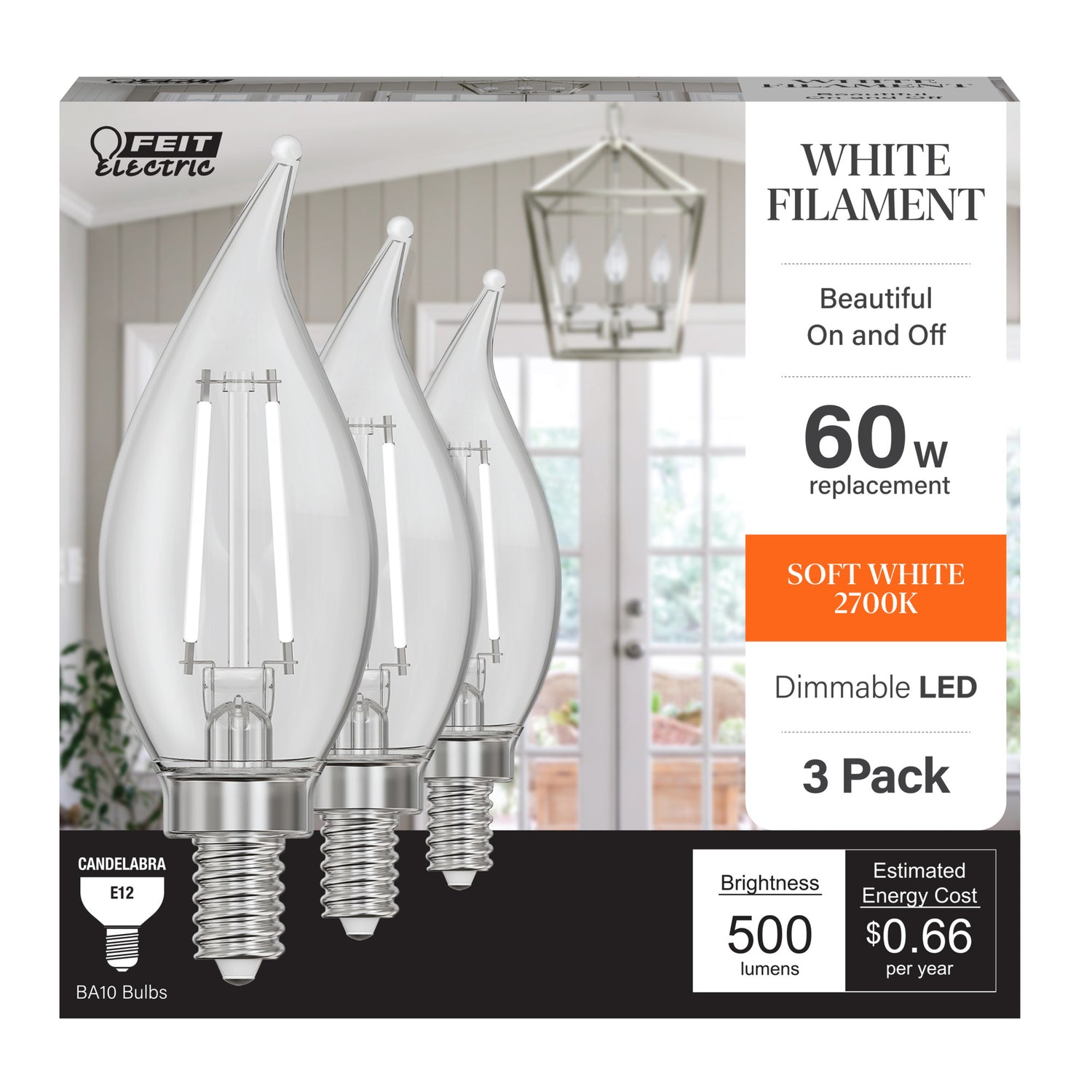 5.5W (60W Replacement) Soft White (2700K) BA10 Shape (E12 Base) Flame Tip Exposed White Filament Light Bulb (3-Pack)